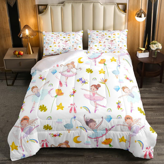 Feelyou Girls Comforter Set Pink Ballerina Print Comforter for Kids Toddler Cute Floral Tropical Palm Leaf Bedding Set Ballet Dancer Duvet Set Room Decor 3Pcs with 2 Pillow Case King Size