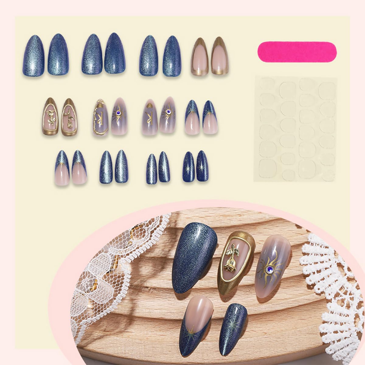 24Pcs Gold Rose Press on Nails Medium Almond Fake Nails with Blue Glitter French Tip Designs Gilding Spades K False Nails Full Cover Artificial Glue on Nails Star Stick on Nails for Women Acrylic DIY