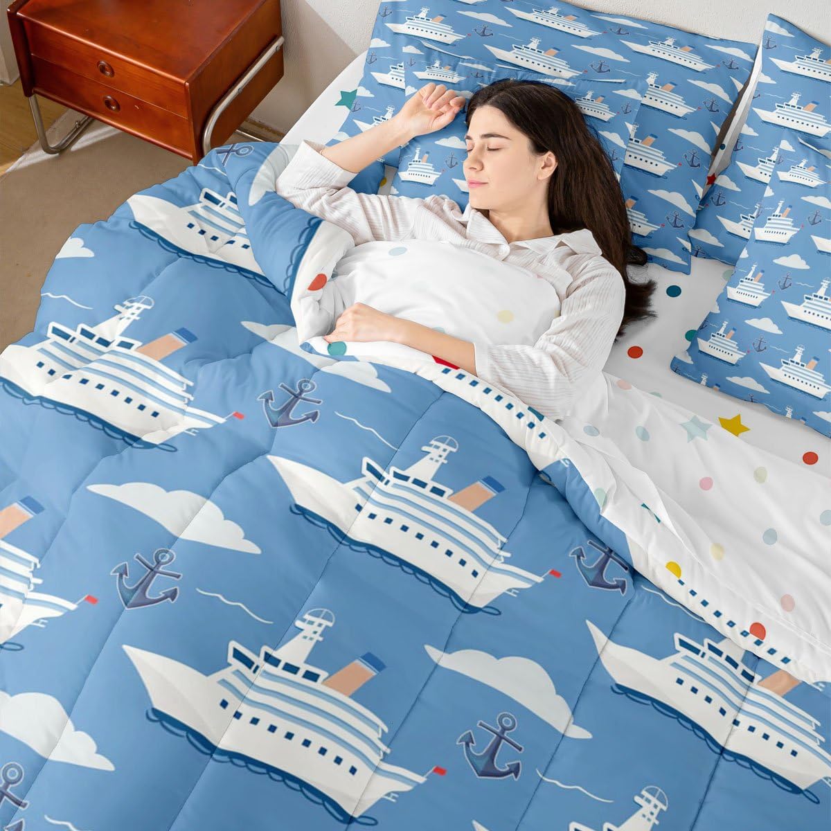 Erosebridal Boys Nautical Sailboat 7 Pieces Bedding Set Twin, Ocean Ship Comforter Set with Sheets, Boat Anchor Bed in A Bag, White Cloud Blue Sky Nautical Bed Sets for Kids Teens Youth Men Bedroom