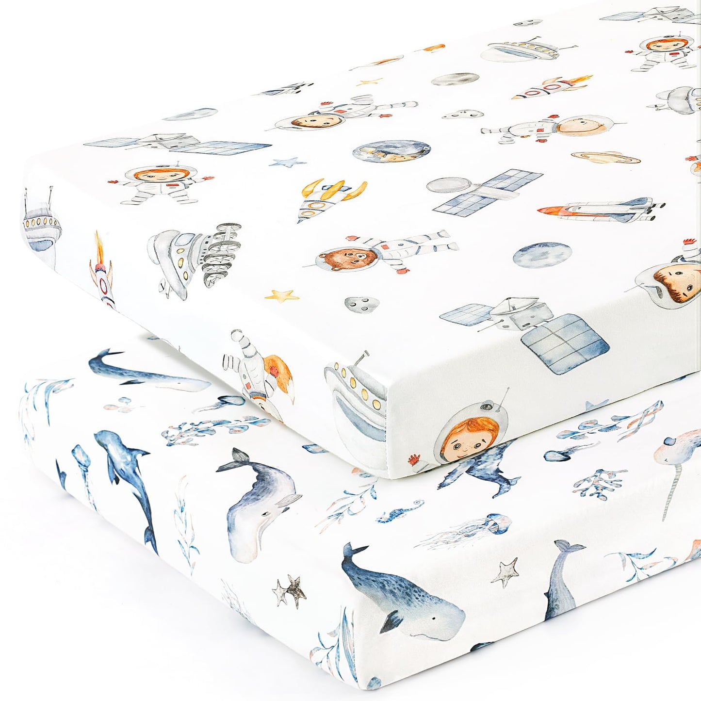 GRSSDER Stretchy Ultra Soft Jersey Knit Pack and Play Sheets 2 Pack, Portable/Mini Crib Sheets Universal Fitted for Playpen Mattress Safe and Snug, Cute Sea Fish & Space Print