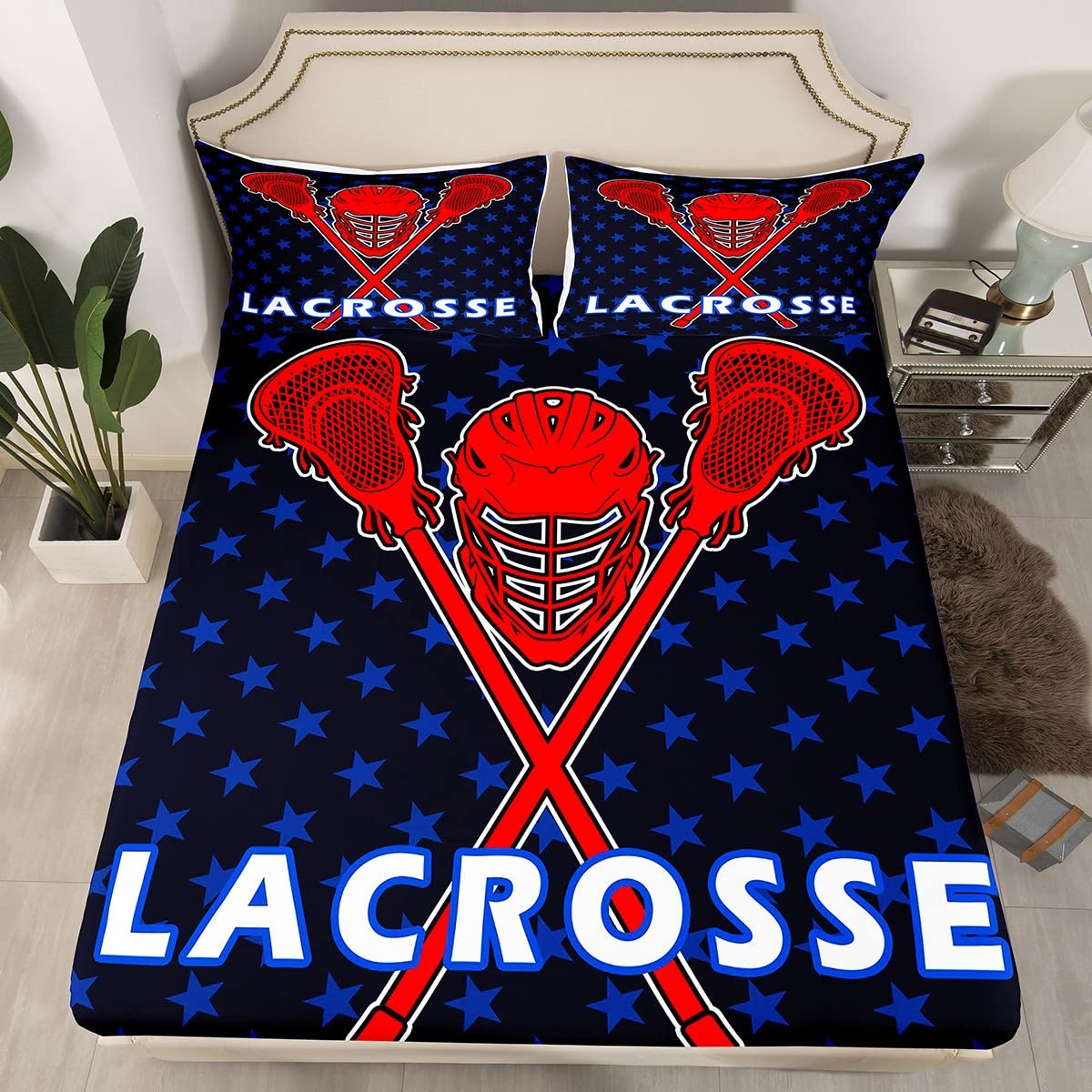 Lacrosse Fitted Sheet Blue Stars Lacrosse Balls Sticks Bedding Set for Kids Boys Girls Sports Games Bed Sheets Set Breathable Hockey Bed Cover Winter Sports Room Decor Bed Set Full Size
