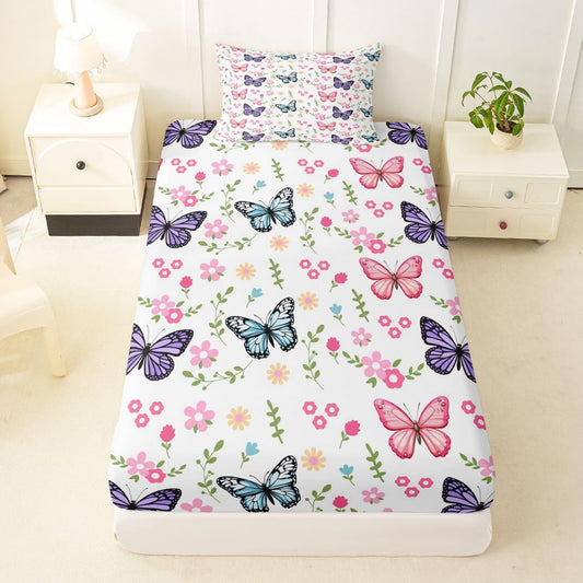Erosebridal Pink Butterfly Bed Sheets Twin for Girls Women - Chic Watercolor Wildflower Fitted Sheet Cute Flower Blossoms Bedding Set,Coquette Room Decor Bed Cover 2 Pcs