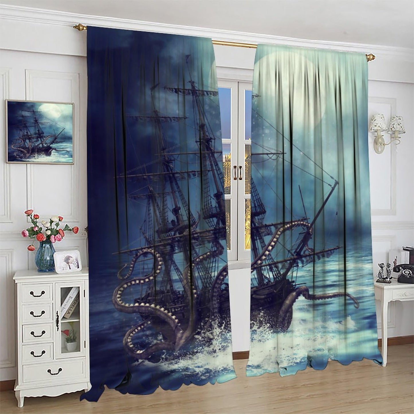 Navy Ocean Curtains, Nautical Sailing Ship Window Drapes for Bedroom Living Room Kitchen, Coastal Beach House Decor, Storm Octopus Theme, 20.5" W x 44.5" L, 2 Panels （No Blackout）