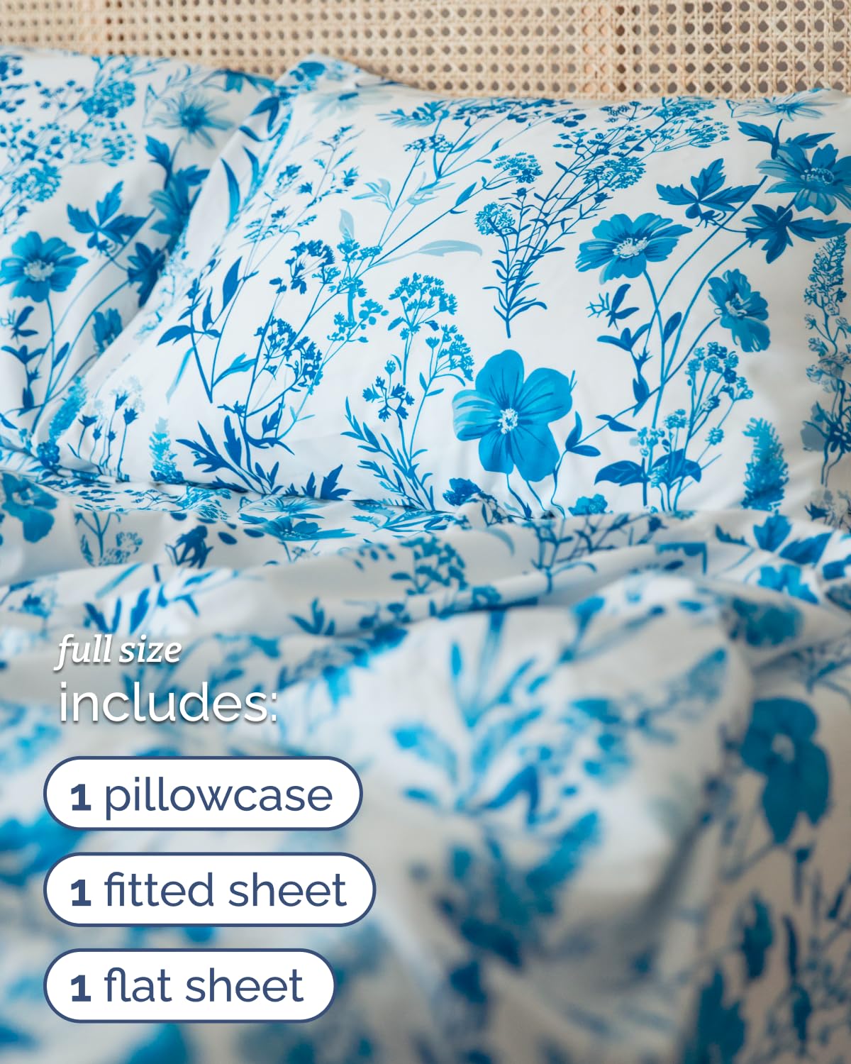 Floral Sheets - White & Blue Bed Sheet Set - 1 Flat, 1 Fitted & 2 Pillowcases w/ Deep Pockets - Comfy, Cozy, Wrinkle & Fade Free - Boho Botanical Bedding - Soft, Breathable & Cooling - Full Size Set