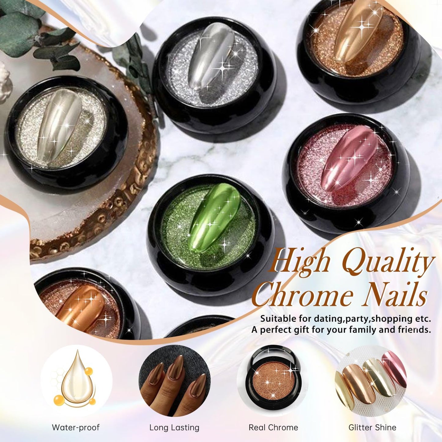 KQueenest Bronze Chrome Press on Nails Medium Almond, Metallic Brown Acrylic Fake Nails Medium Stiletto, Glitter Glazed Glue on Nails for Women Manicure, Glossy False Nail Press ons in 24 Pcs