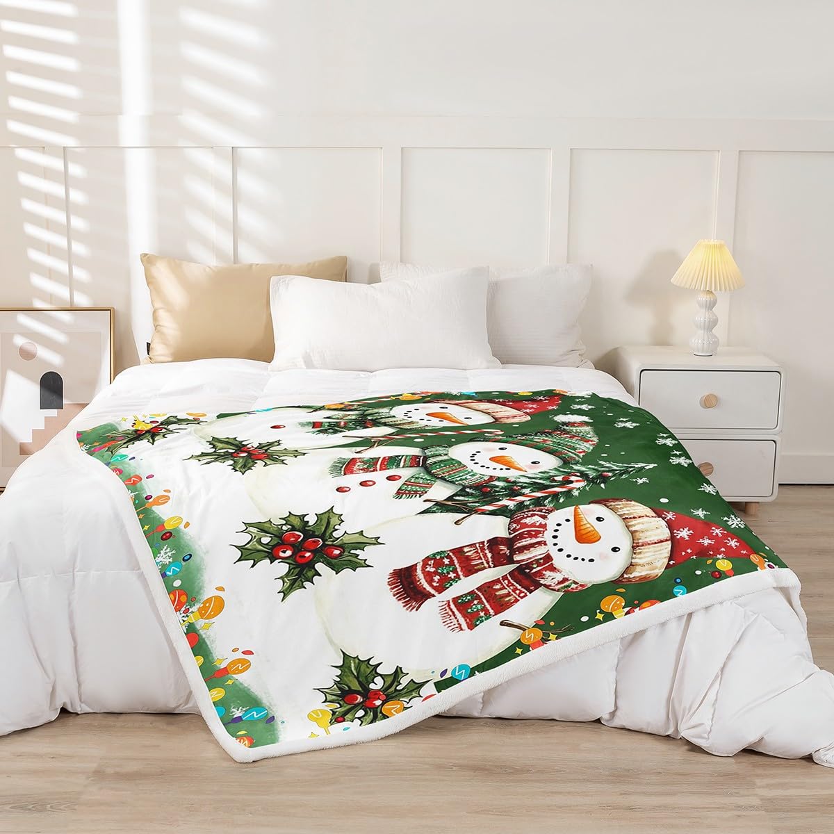 Erosebridal Kids Merry Christmas Sherpa Blanket Baby 30"X40" Kawaii Snowman Fleece Blanket for Kids New Year Cute Snowflake Throw Blanket Green Decorative Sofa Couch Plush Bed Blanket