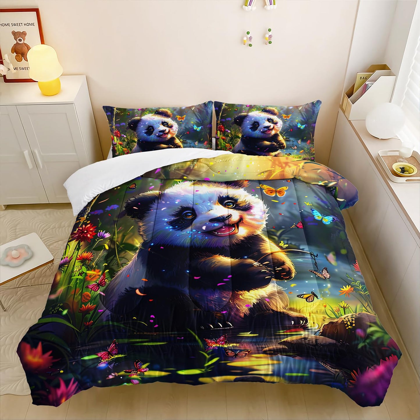 XYNHML Kawaii Black White Panda Comforter 3Pcs Panda Animal Themed Bedding Full Butterfly Bamboo Forest Quilt Set for Kid Teen Girl Boy Flower Botanical Bed Decor with 1 Comforter and 2 Pillowcases