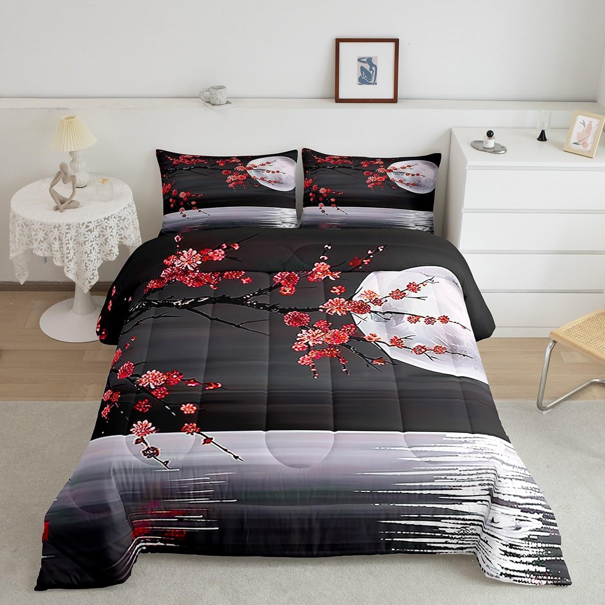 Manfei Dreamy Moon Night Twin Size Comforter Set for All Seasons,Red Flower Lake Bedding Set Teens Bedroom Decor,Romantic Japanese Style Comforter Inner Fill with 1 Pillowcase