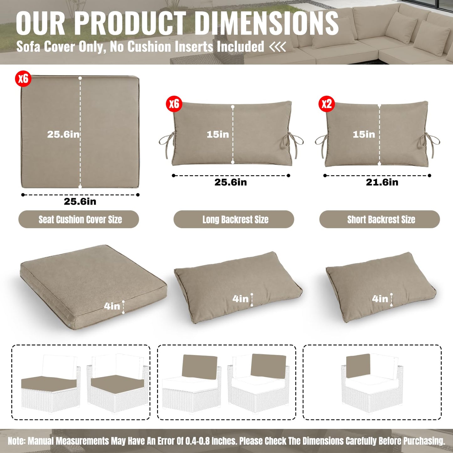Cabubra 14pcs Outdoor Patio Furniture Cushion Covers, Waterproof & Sun-Resistant Zippered,Fit for Patio Furniture Sectional Sofas and Wicker Rocking Chairs,3 Sizes,Sand,Covers Only