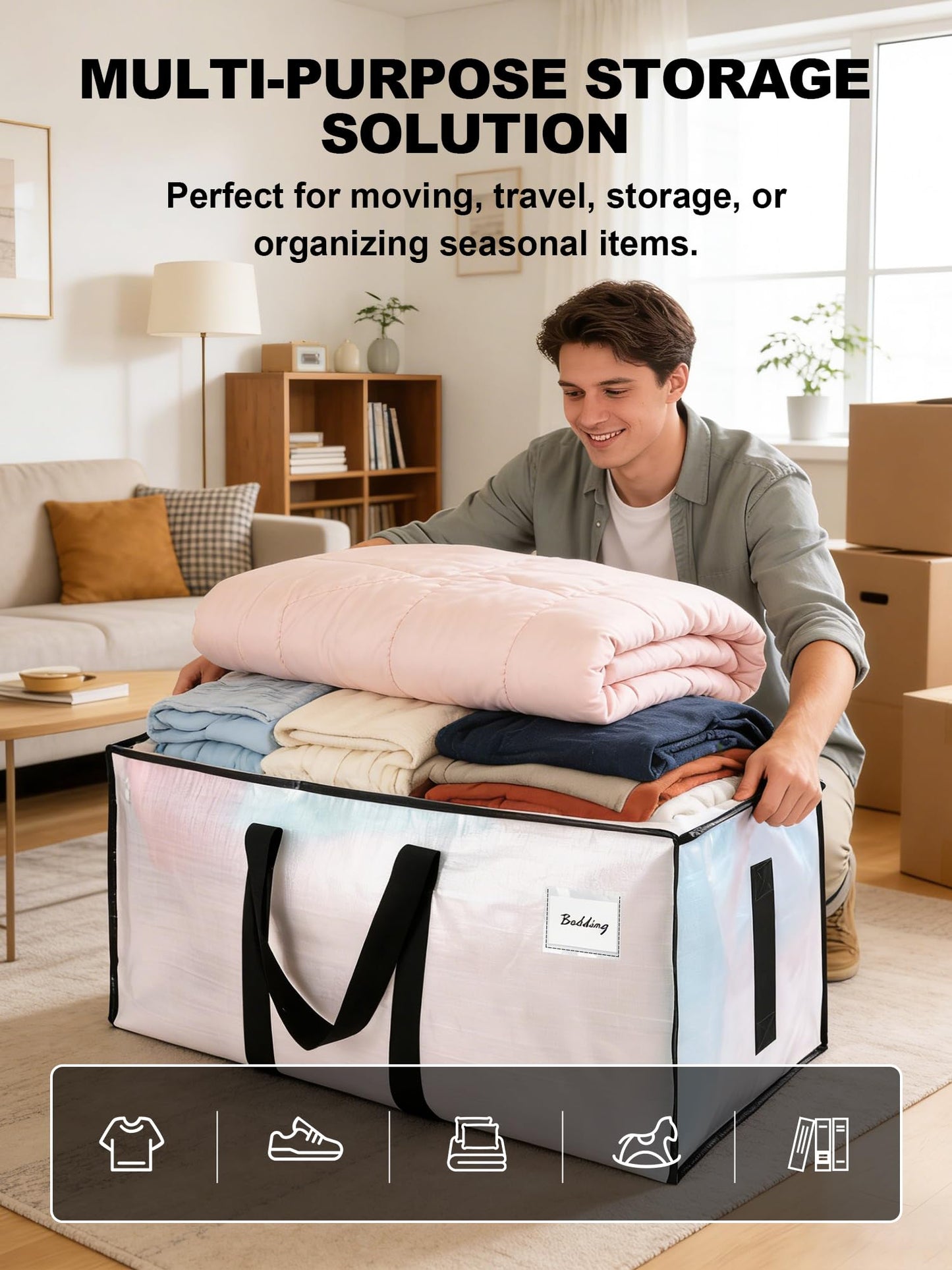 HOMESURE Supports 200lbs Heavy Duty Moving Bags - Strong Zipper & Wrap-Around Handles - Water-Resistant Storage Totes, Durable Alternative to Moving Boxes - 8 Pack - Semi-Transparent