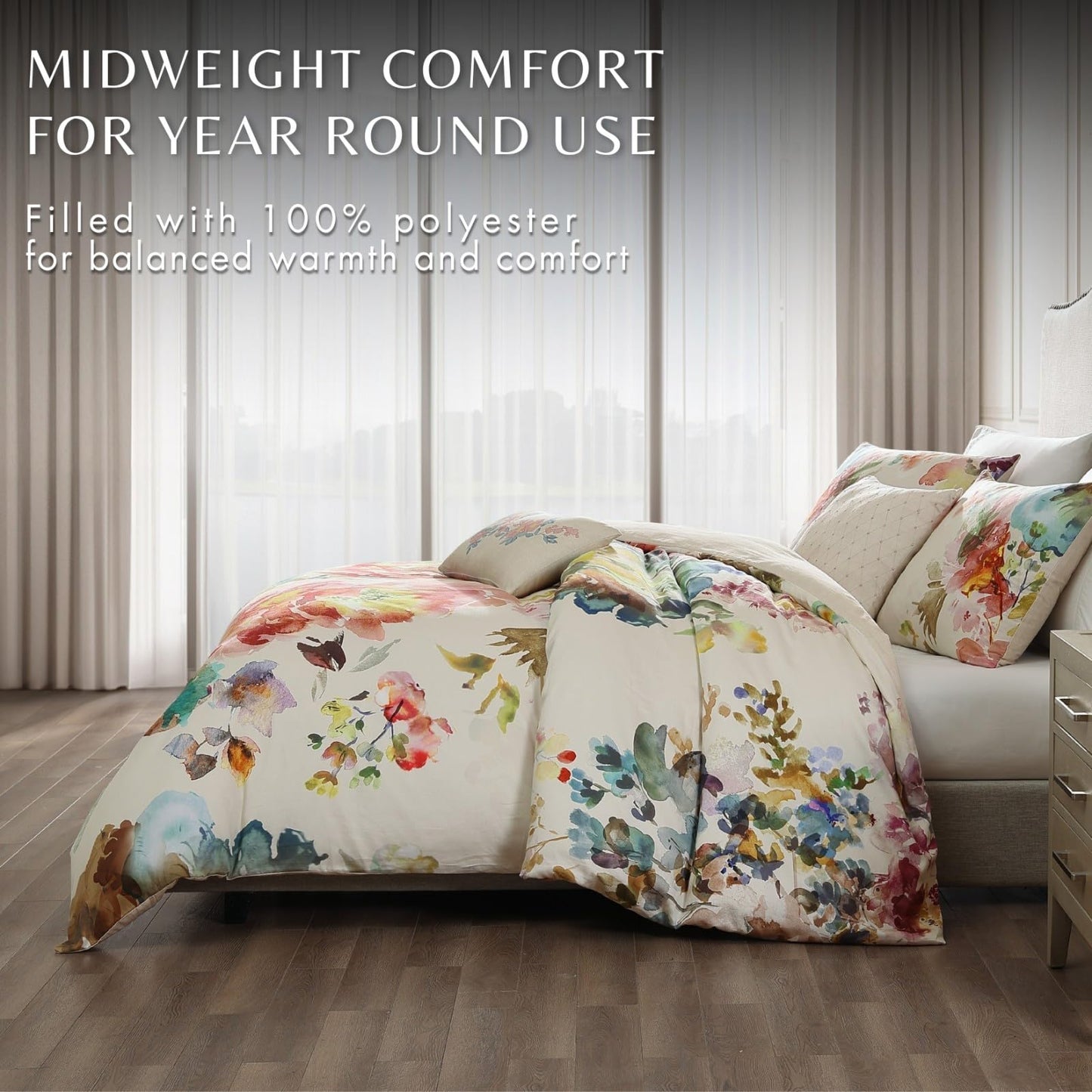 Bebejan Antique Flowers 5 Piece Comforter Set, 100% Cotton Sateen, 200 Thread Count, Ivory Floral Reversible Bedding Comforter Set, 1 Comforter, 2 Shams & 2 Pillows (King/Cal King)