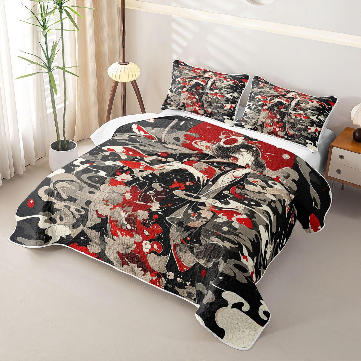 Erosebridal Japan Geisha Quilt Twin Size - Japanese Koi Fish Bedspread Traditional Asian Girls Bed Coverlet with 1 Pillowcase