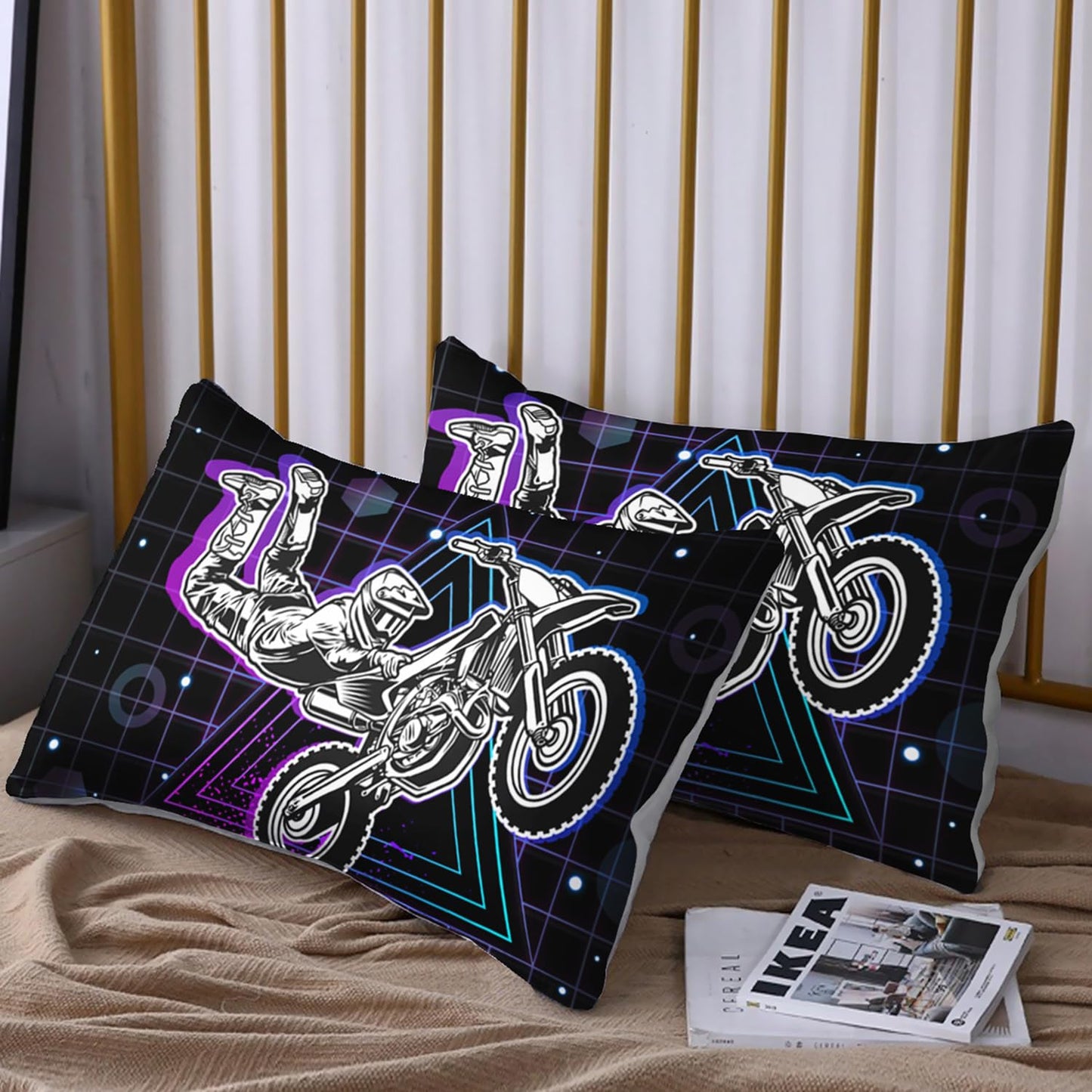 HOSIMA Motorcycle Racer Fitted Sheet Extreme Sports Theme Bedding Sets for Kids Teens Men Room Decor,Dirt Bike Motorbike Twin Bedding Set Purple Line Grid Black Fitted Sheet with 2 Pillowcases.