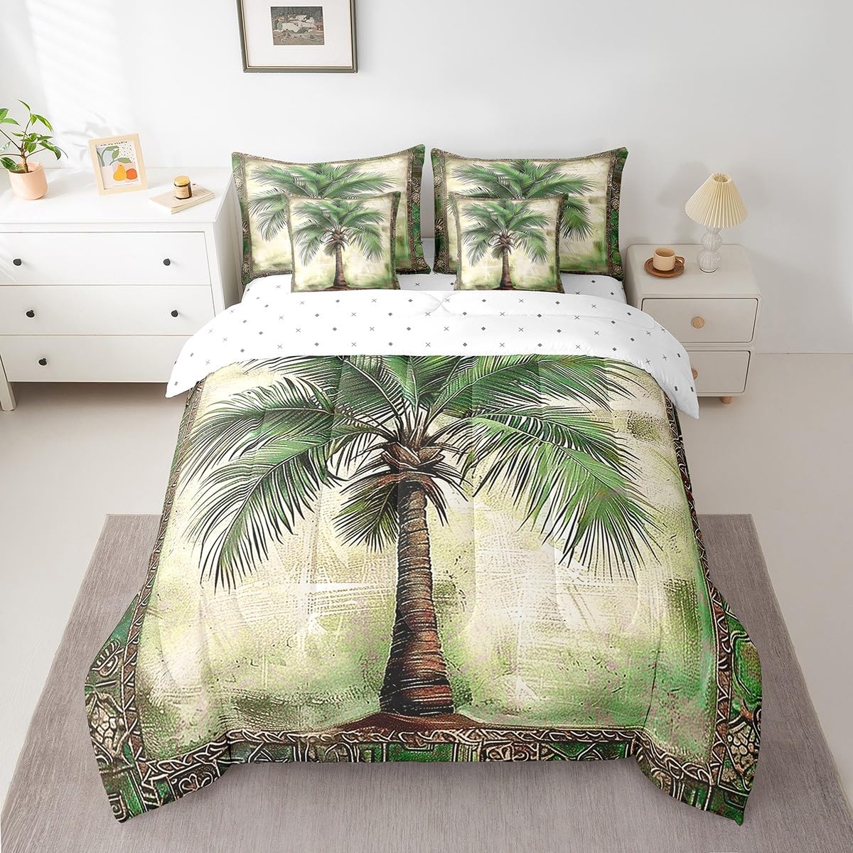 Feelyou Green Palm Tree Print 7 Pieces Bedding Set Palm Leaf Twin Comforter Set with Sheets for Boys Girls Kids Room Decor Beach Theme Bed in a Bag Hawaiian Beach Bed Set Botanical Nature Theme