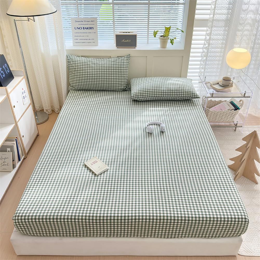 LifeTB Green Gingham Fitted Sheet Queen 1 Piece Plaid Bedding Sheet Soft 100% Washed Cotton Grid Single Bottom Sheet Green Gingham Bed Sheet Cotton Mattress Cover 15" Deep Pocket Farmhouse Grid Sheet