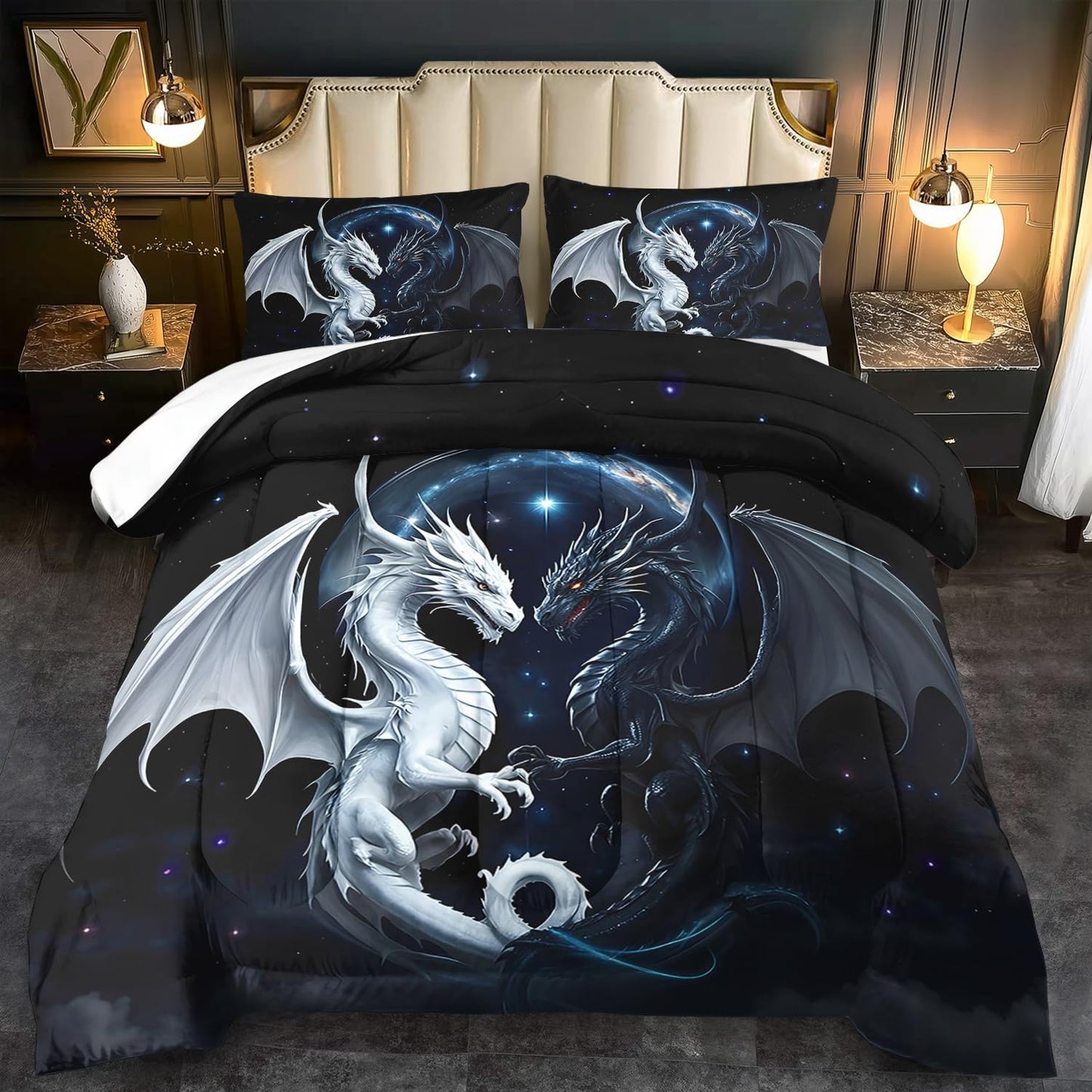 llyxsesty Black and White Dragon Comforter Set Queen for Boys Black Dragon Bedding Set Boys Gemini Universe Comforter Queen Quilt Animal Bedding Space Bed Decor Animal Home Decor
