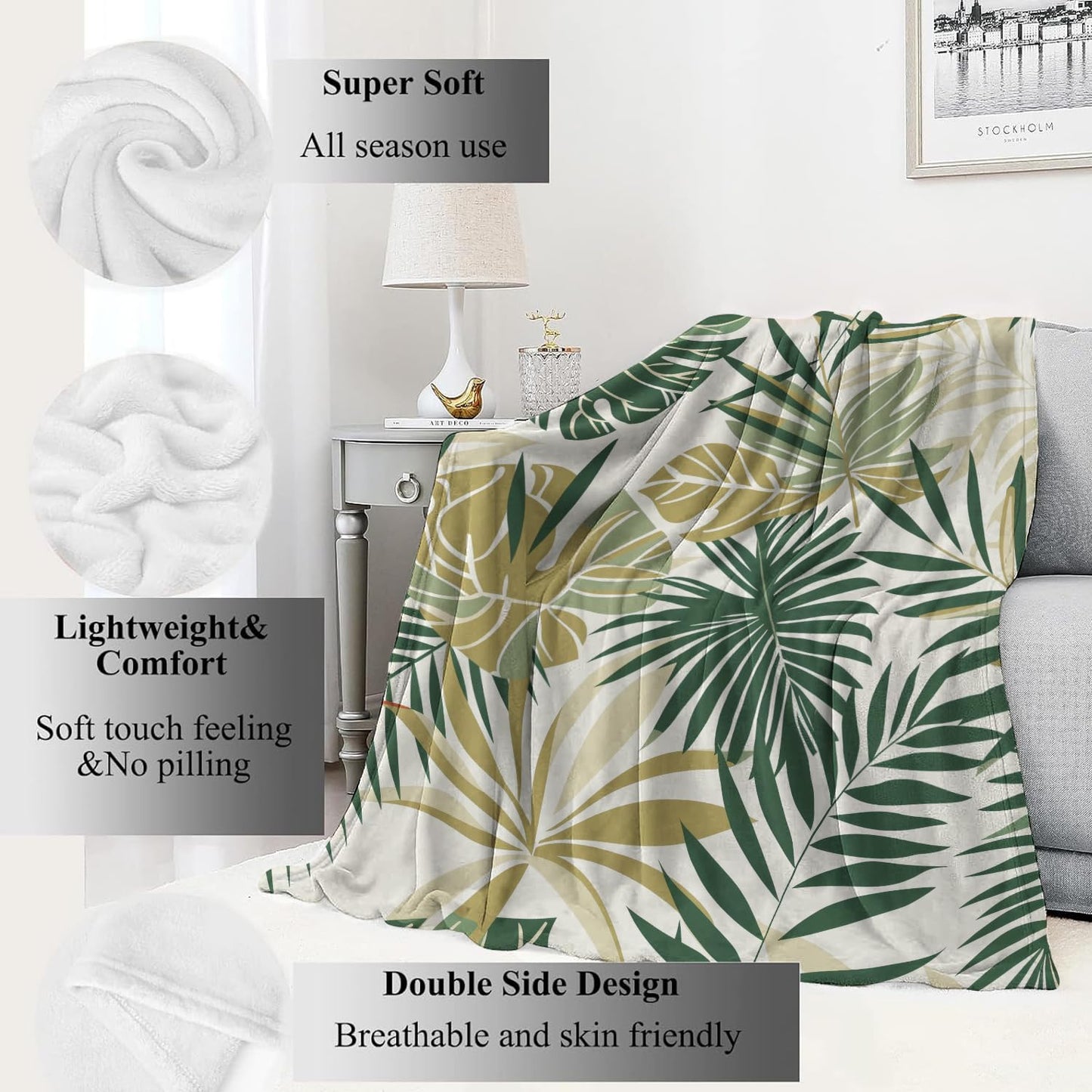 VODRM Tropical Leaves Blanket Lush Green and Gold Botanical Throw Blankets,Birthday Gifts for Kids Adult & Nature Lovers,Lightweight Soft Fleece Cozy for Sofa Couch Bed Room Travel Decor 50x60in