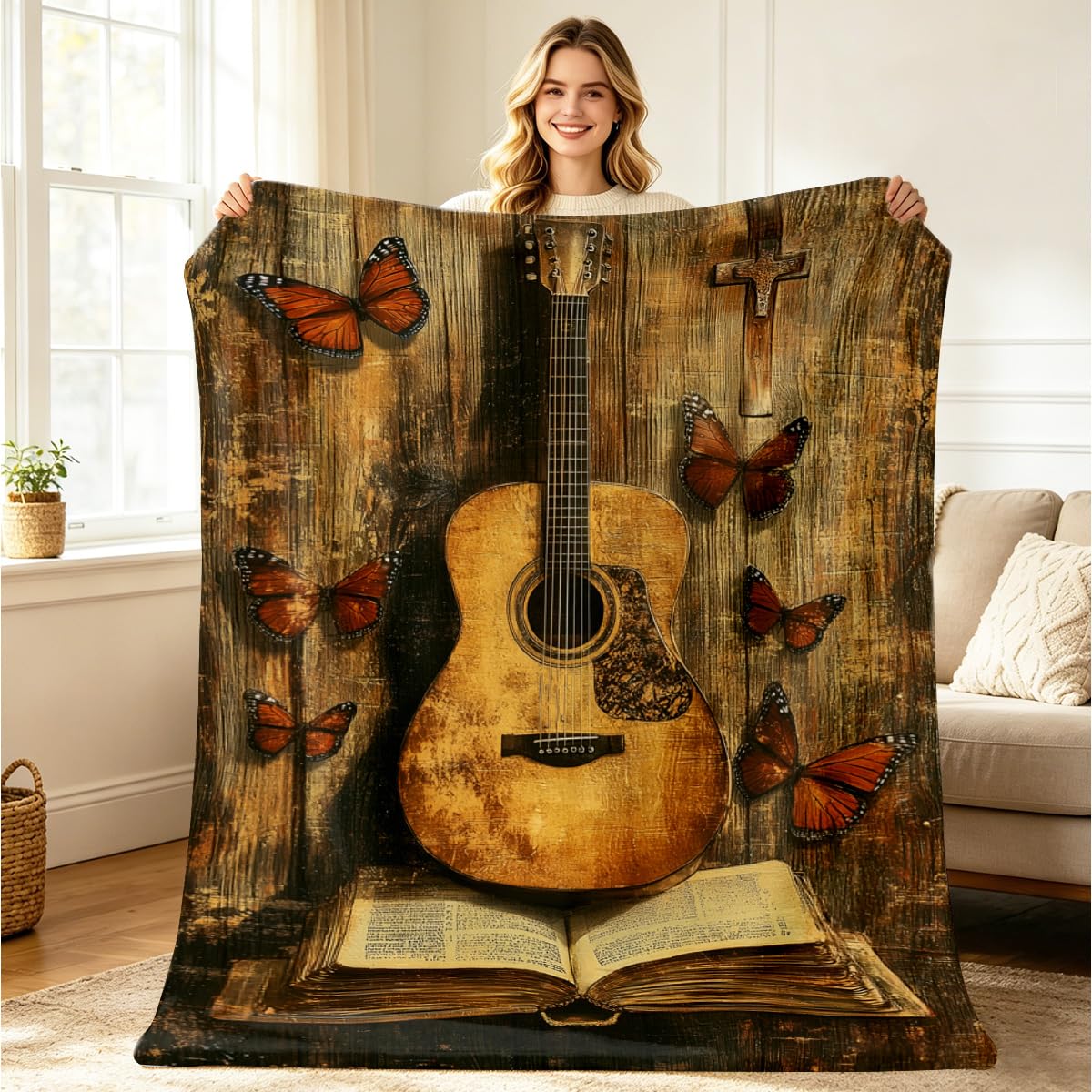 HUNXIAOJ Guitar Blanket Throw Music Decor Flannel Throw Musical Instruments Bedding Guitar Fleece Blanket Gifts for Men Women Girls Boys Kids Couch Home Bedroom Living Room Musician Decor 49"x59"