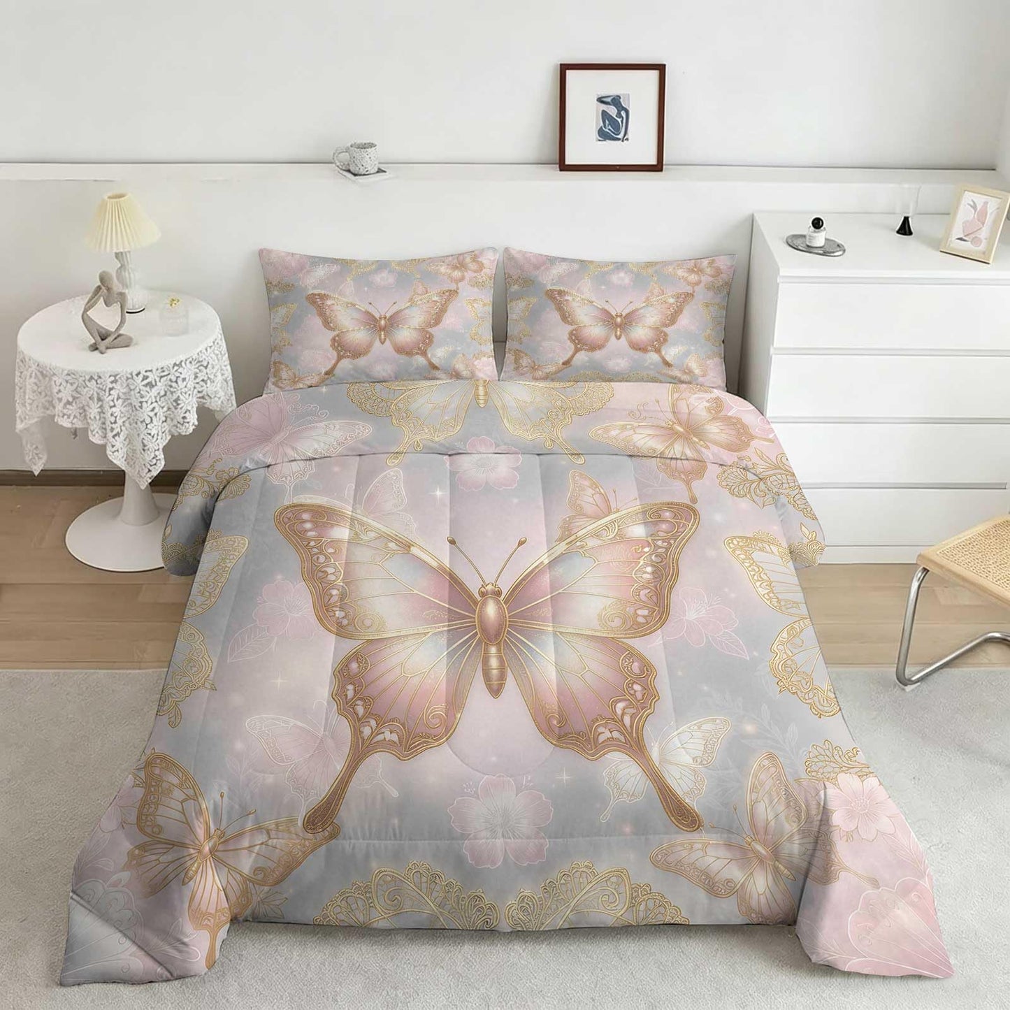 DJNEAR Pink Gold Butterfly Comforter Set, Elegant Shimmer Butterfly Bedding Set for Girls Teens Women, Soft Microfiber All Season with 1 Comforter 1 Pillowcase, Twin Size