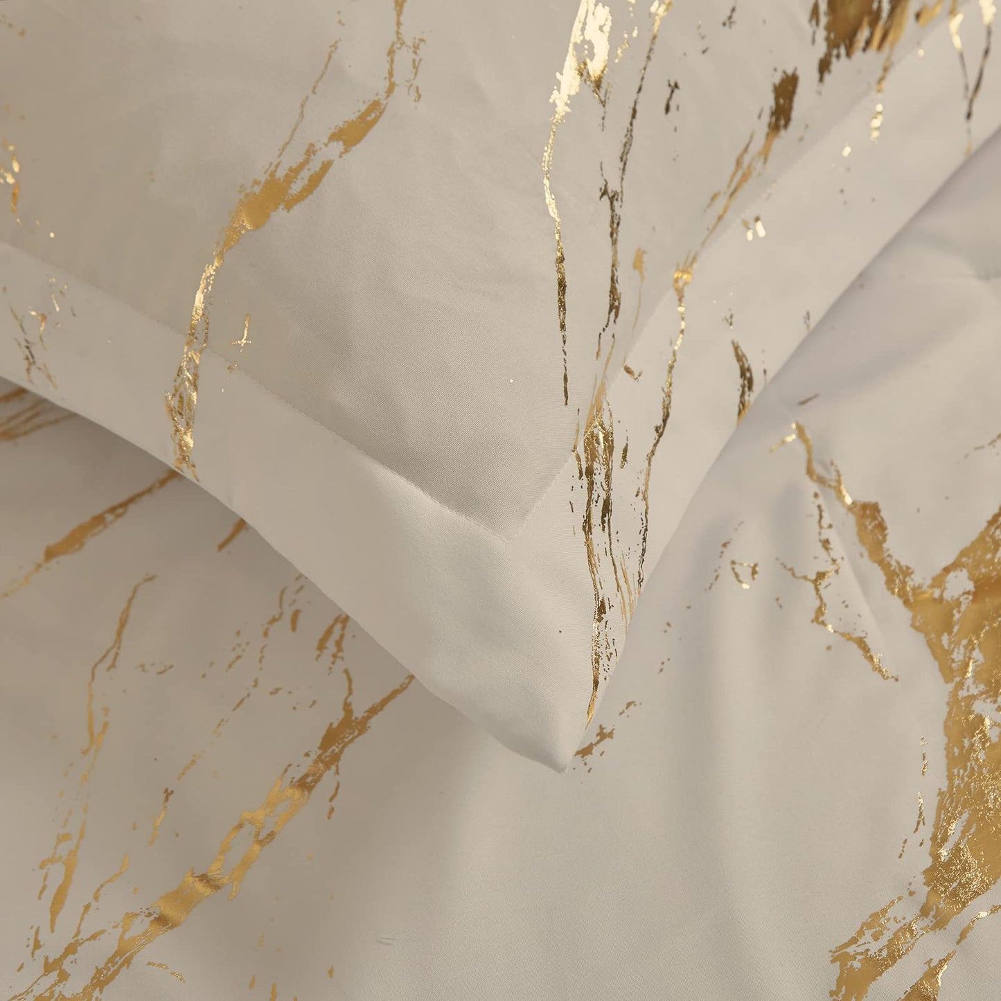 WONGS BEDDING Khaki Gold Metallic Marble Comforter Set Queen Foil Print Glitter Bedding Sets with 2 Pillowcases for All Seasons, Soft Microfiber Filling Bedding Duvet Set 90"x90"