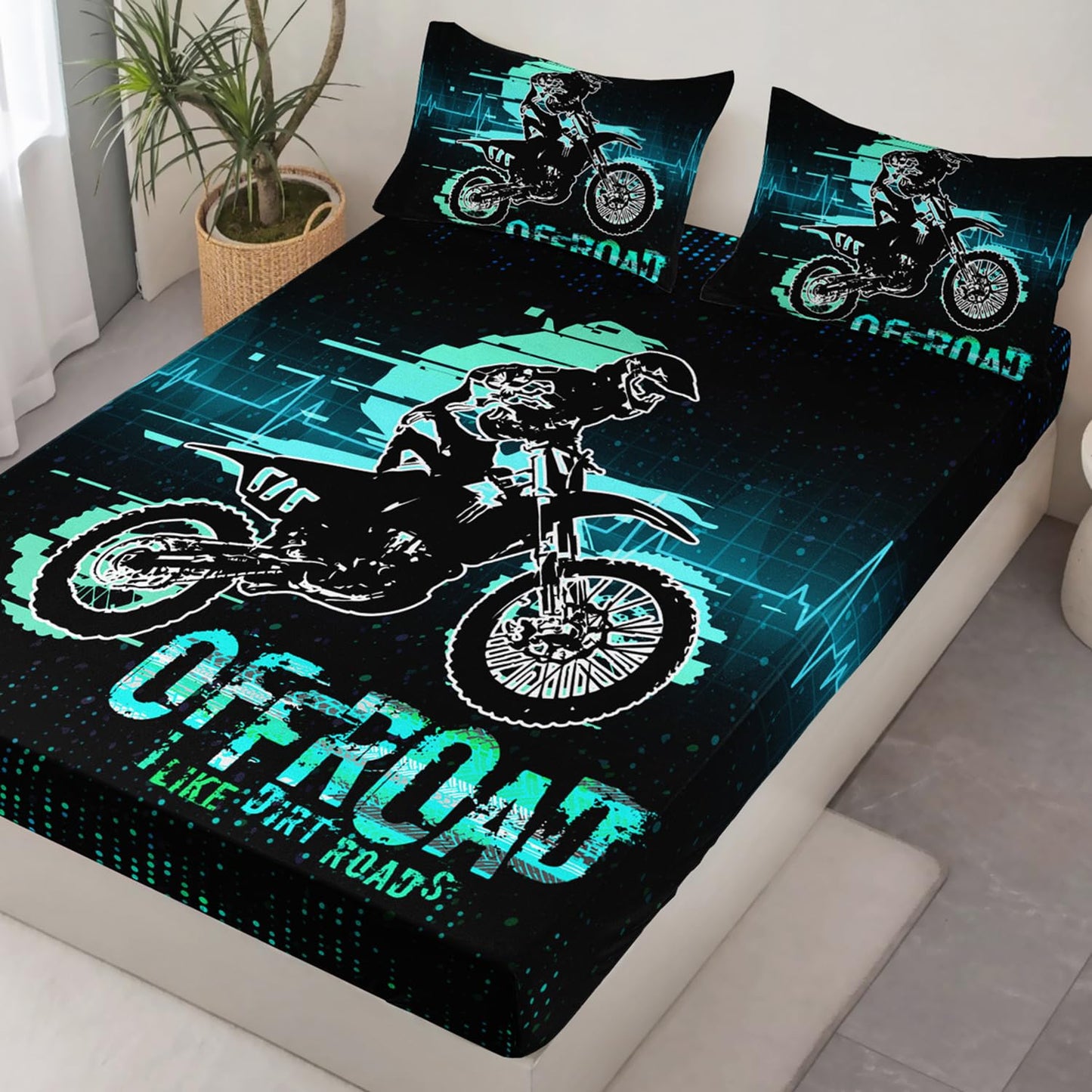 HOSIMA Extreme Sport Theme Fitted Sheet Motorcycle Twin Bedding Set for Boys Kids Teens,Dirt Bike Tournament Kids Game Room Decor,Motocross Rider Green Fitted Sheet with 2 Pillowcases.