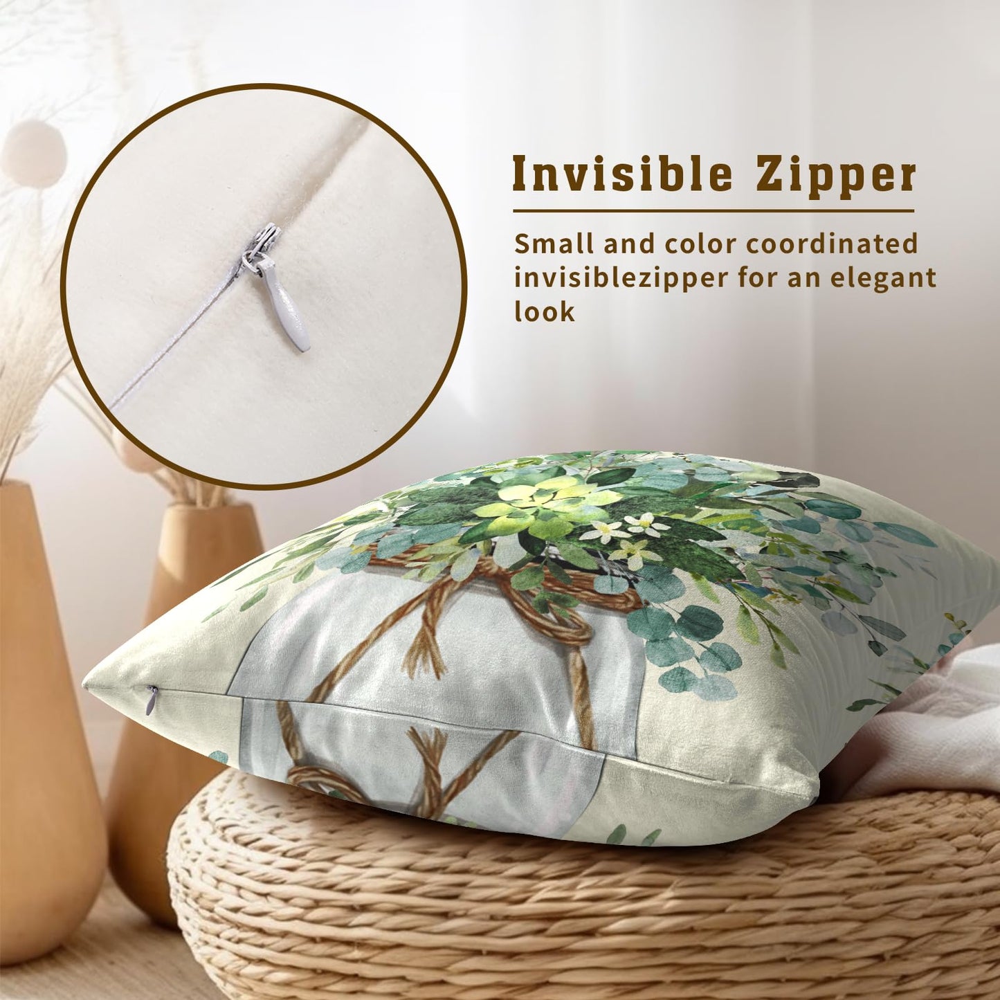 Mweet Watercolor Eucalyptus Leaves Pillow Covers Set of 2, 16x16 Inch Spring Summer Natural Green Plant Floral Cotton Square Pillow Case Soft Cushion Cover for Couch Sofa Living Room