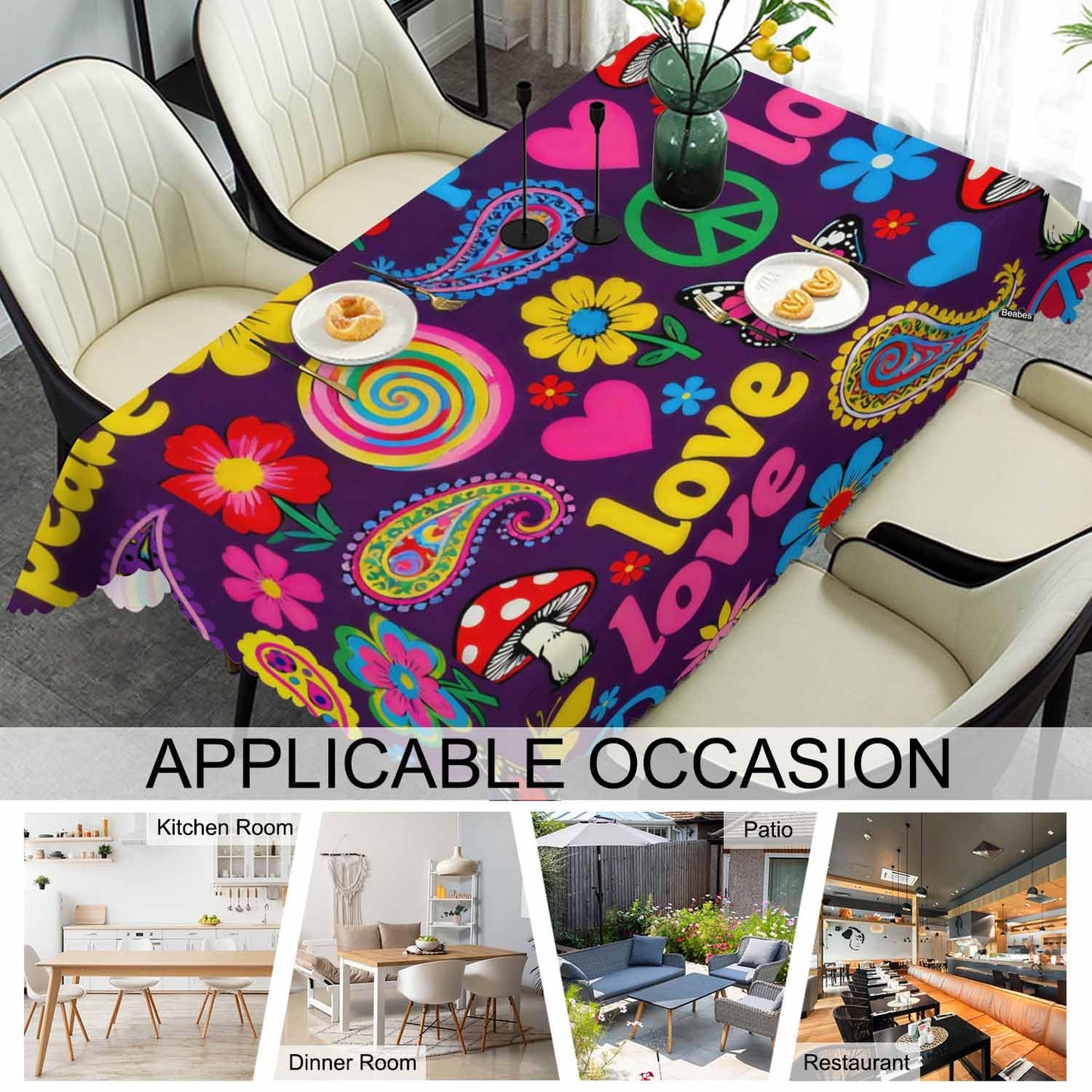 Beabes Peace Symbol Table Covers Hippie Peace Paisley Floral Colorful Heavy Weight Tablecloth Picnic Table Cloth for Kitchen Dinning Tabletop Outdoor BBQ Buffet Rectangle 52x70 Inch