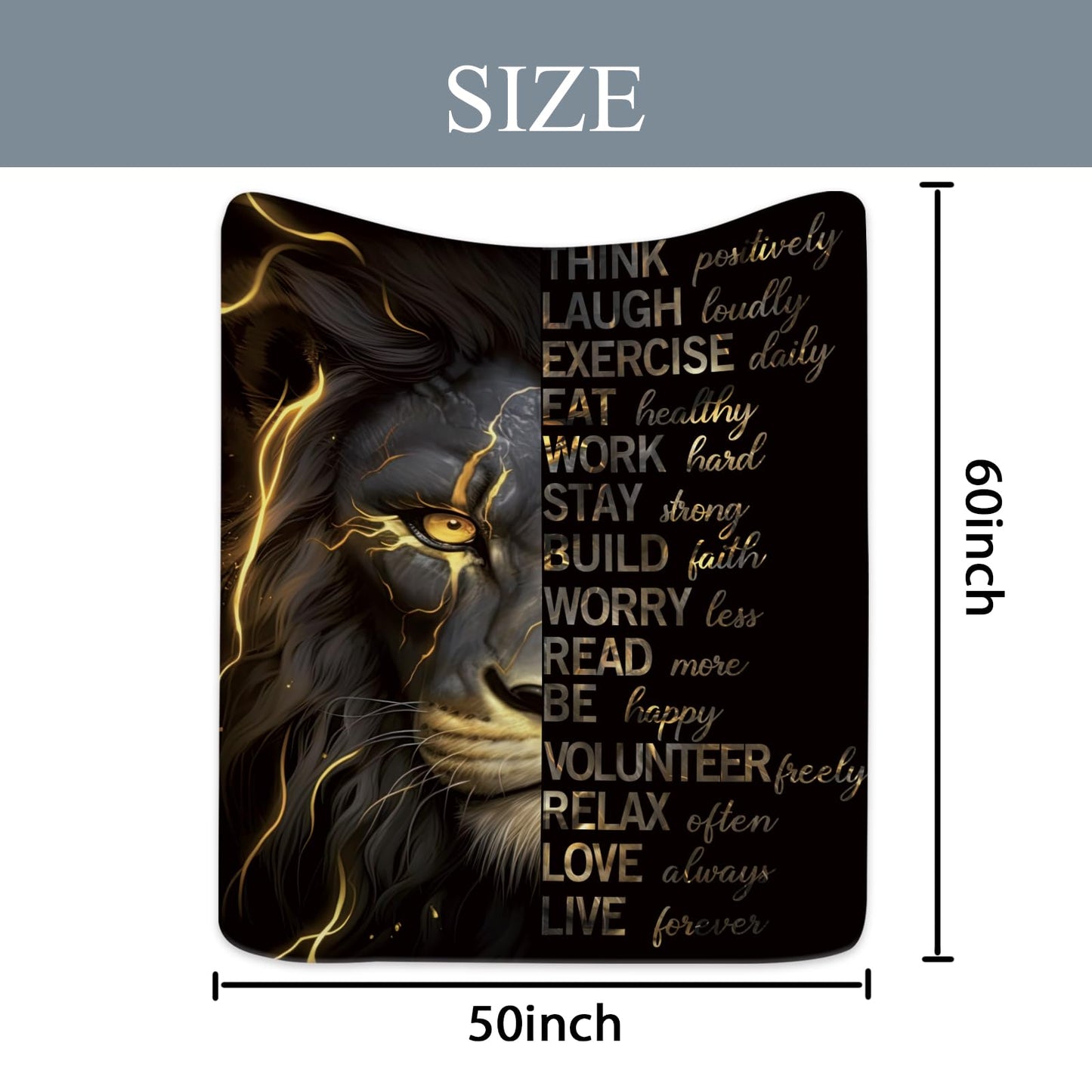 Miyotaa Lion Man Black Gold Blanket 50Wx60H Inch Quotes Inspirational Motivational Positive Masculine Male Warm Fuzzy Throw Blanket for Sofa Bed Throws Birthday Presents