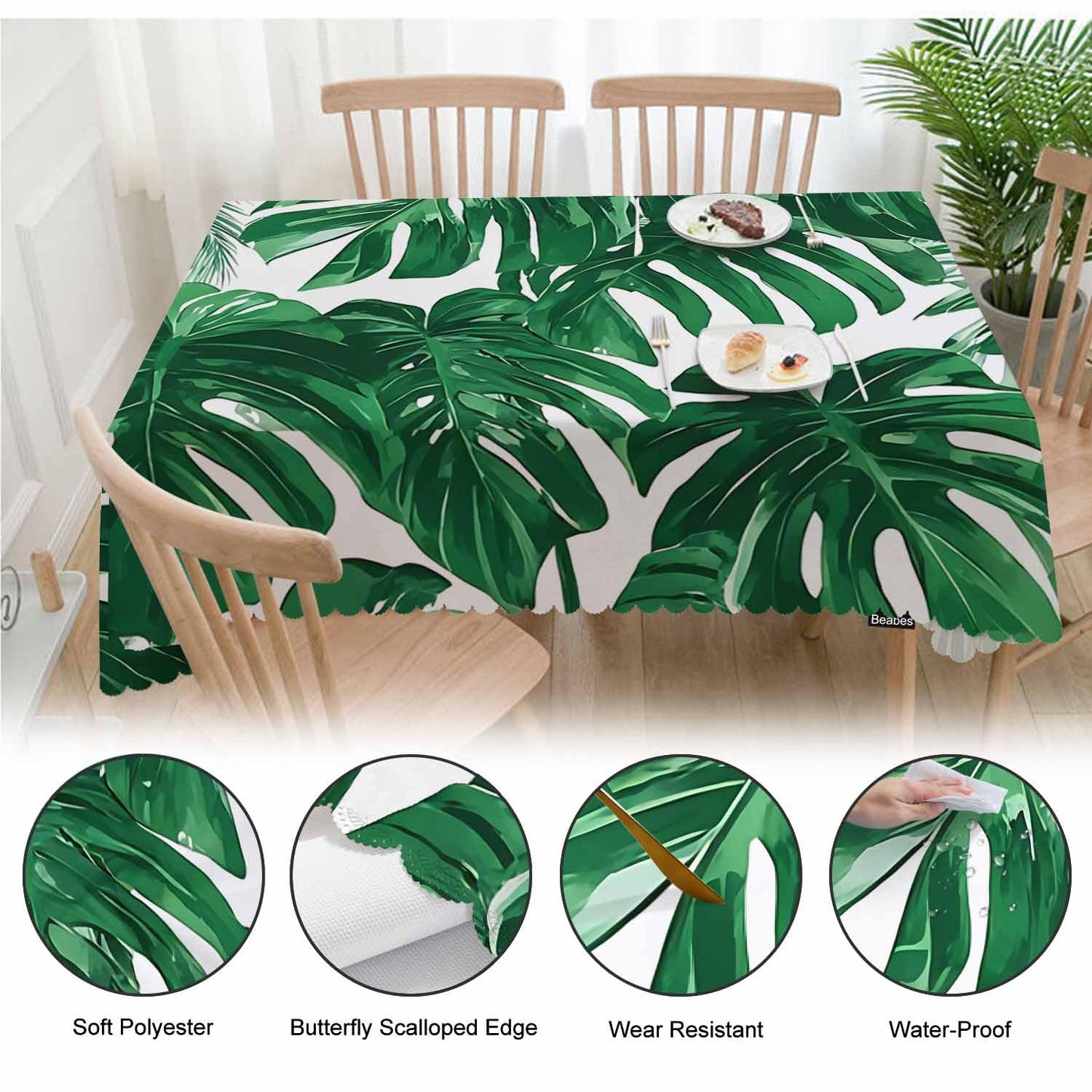 Beabes Palm Leaves Rectangle Tablecloth 52x70 Inch Tropical Beach Palm Leaf Green Dining Table Cloth Table Cover for Home Kitchen Restaurant Party Buffet Picnic, 4-6 Seats
