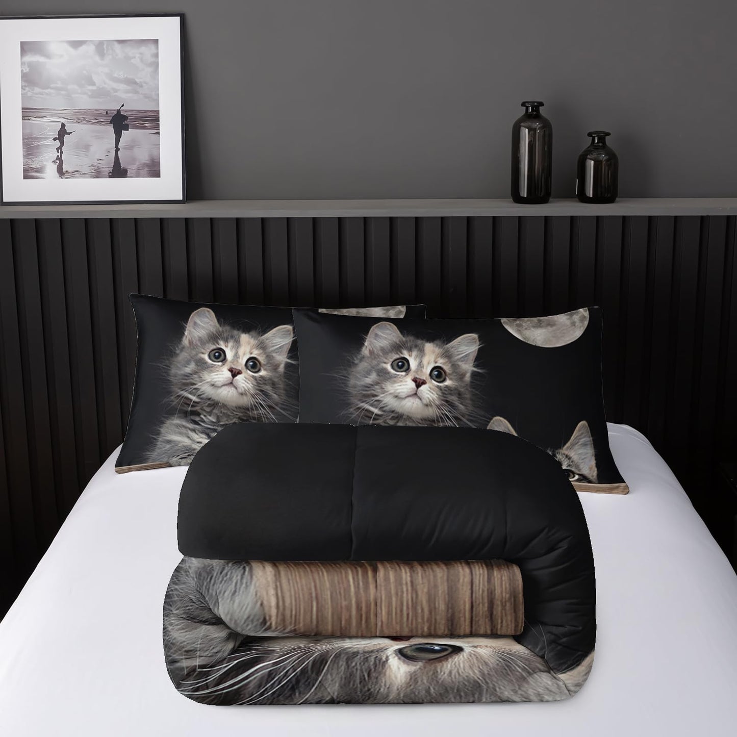 Nttopship Kids Cute Cat Comforter Bedding Set Twin,Grey Kawaii Pet Cat Bedding Set 3 Piece for Teens Kids Boys Girls Adults Animals Pattern Room Decor Soft Comforter with 2 Pillowcases