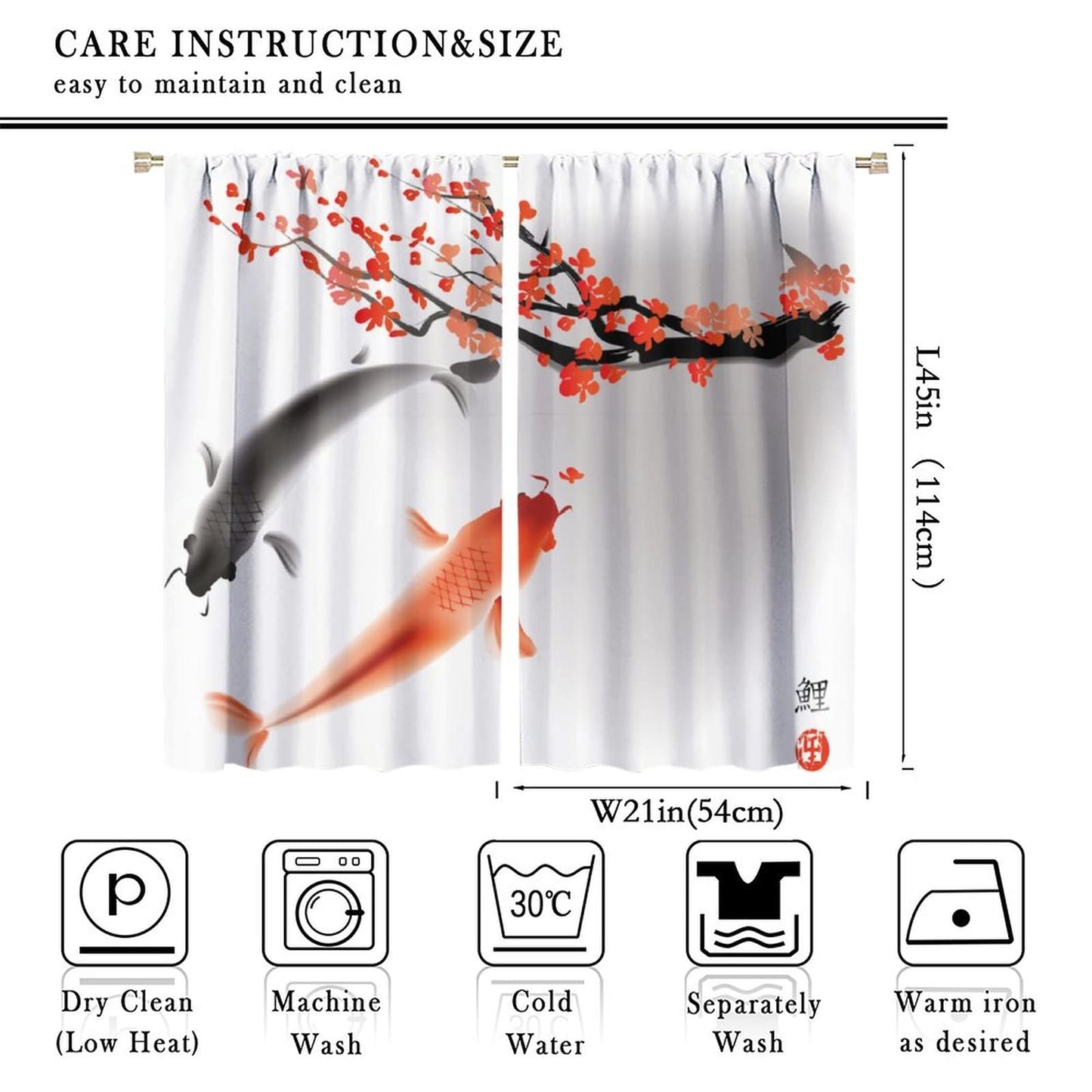 Japanese Style Curtains, Koi Fish Swimming Cherry Blossom Branch Design, Bedroom Living Room Decorative Room Noise Reduction Darkening, 2 Sets of Panels, 42x45 in. Orange Gray