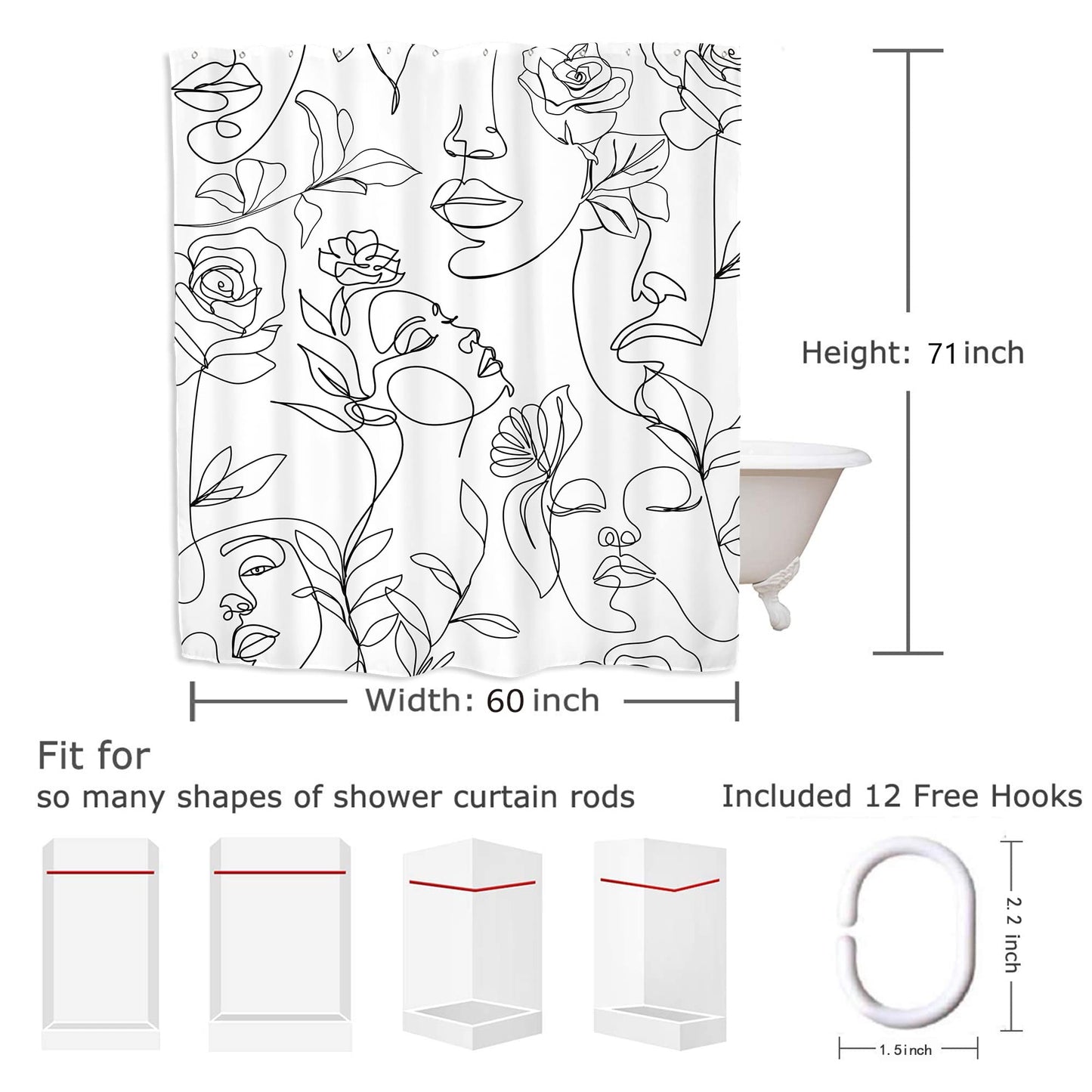 Yookeb Abstract Women Face Bathroom Shower Curtain 60W by 71H Inch Minimalist Modern Line Art Black White Rose Contemporary Polyester Fabric 12 Plastic Hooks Waterproof Decor