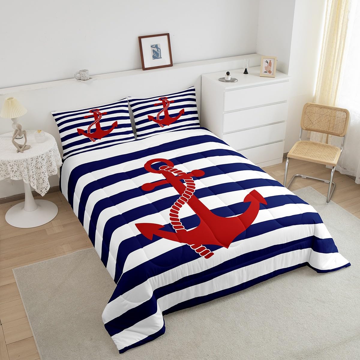 Geometric Stripes Comforter Set Twin Size,Nautical Anchor Bedding Sets 2Pcs Kids Boys Bedroom Decor 1 Pillowcase Ocean Adventure Theme Quilted Duvet Modern Navy Blue Red Bedspread Comforter