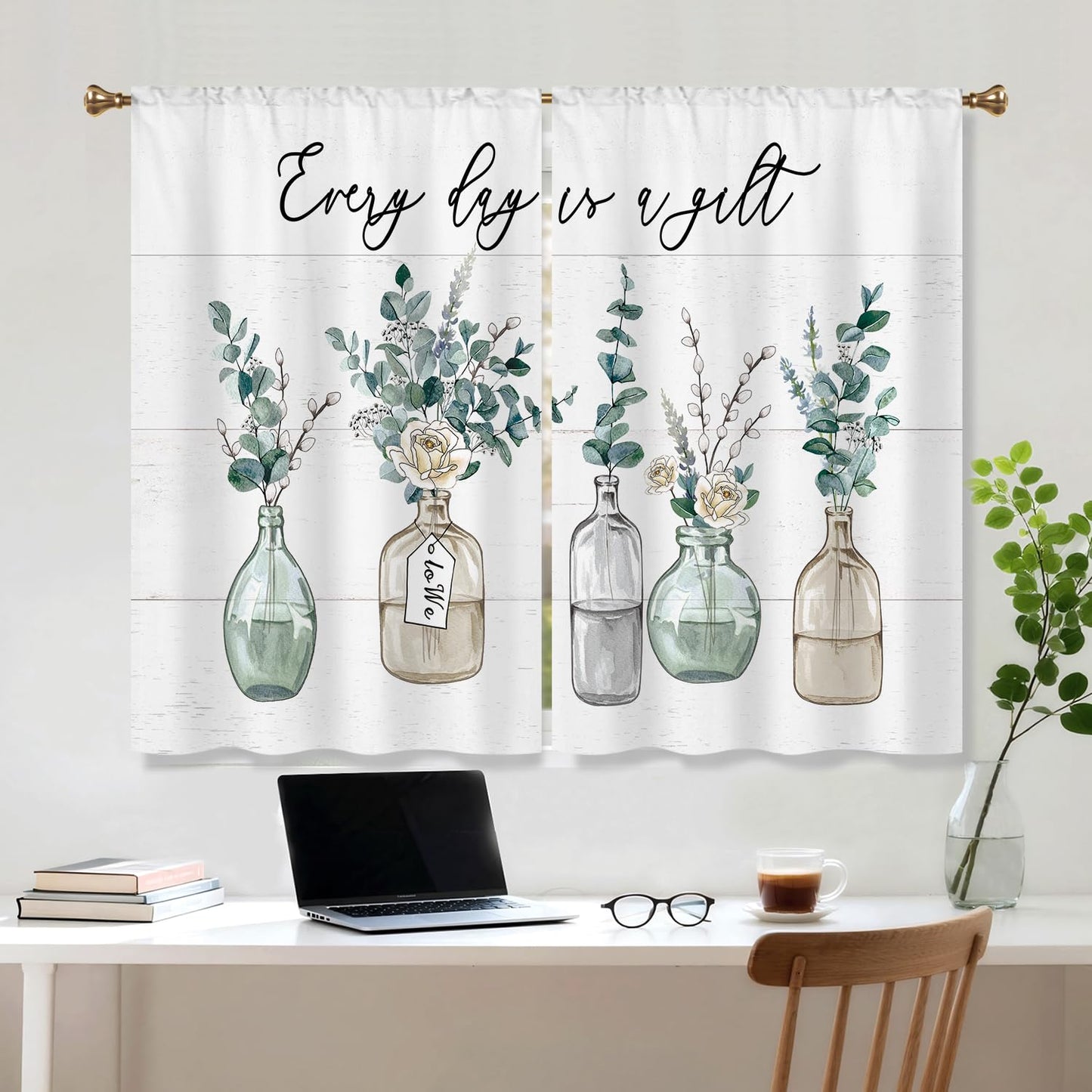 Cizuug Eucalyptus Bottles Plant Kitchen Curtains Green Leaf BotanicalSage Small Short Cafe Window Curtains Farmhouse Rustic Floral Vase Bathroom Tier Window Treatment Drapes 2 Panels