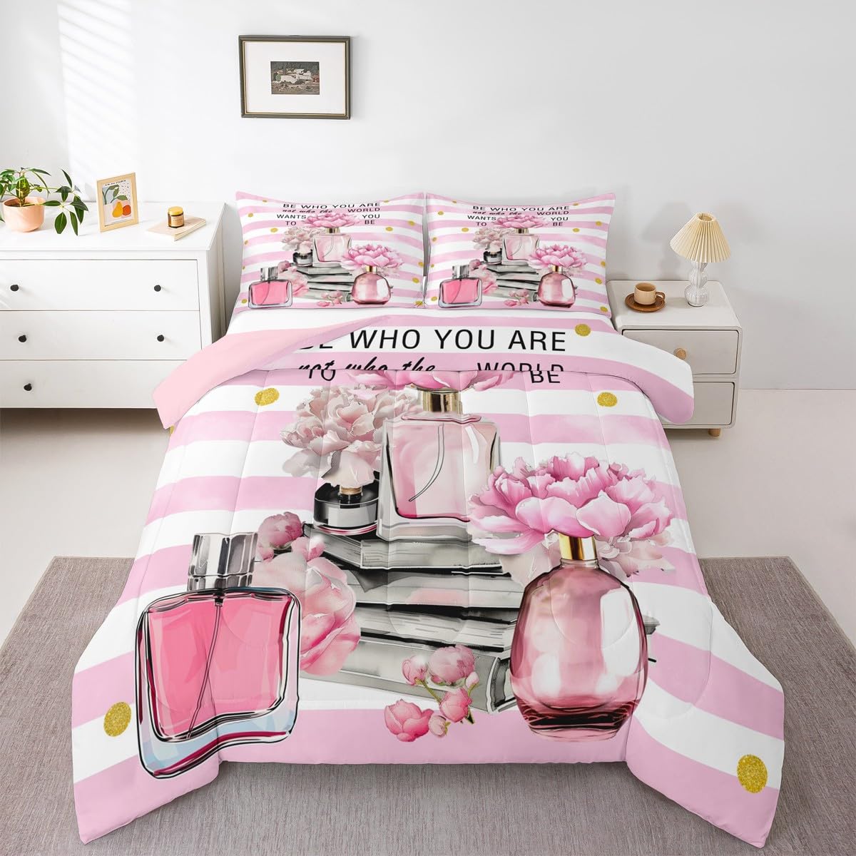 Erosebridal Girly Fashion Comforter King Size Girls Pink and White Striped Bedding Set for Kids Teens Women Modern Pretty Aesthetic Duvet Insert Coquette Fantasy Perfume Boho Trendy Quilt Set