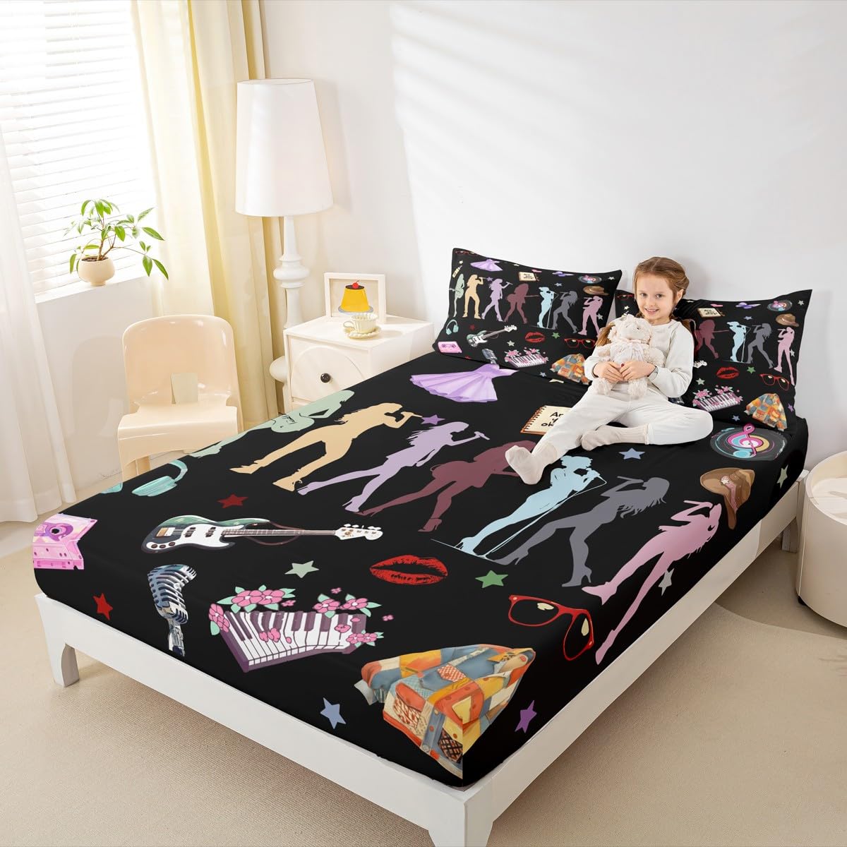 Erosebridal Music Theme Bed Sheets King Girls Singer Sheet Set for Kids Boys Girls Black Musicl Aesthetics Sheets Music Lovers Gifts Fitted Flat Sheets 4 Piece