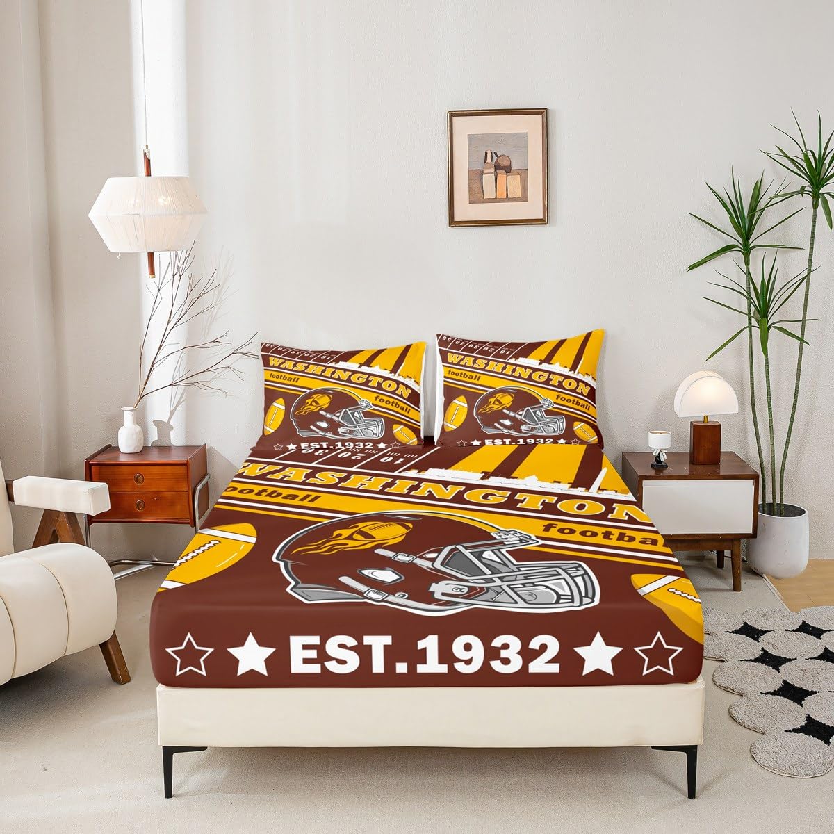 Feelyou Football Bed Sheets Set Boys Twin Size Women Men Football City Fitted Sheet with 16 Inch Deep Pockets Rugby Sports Bedding Set