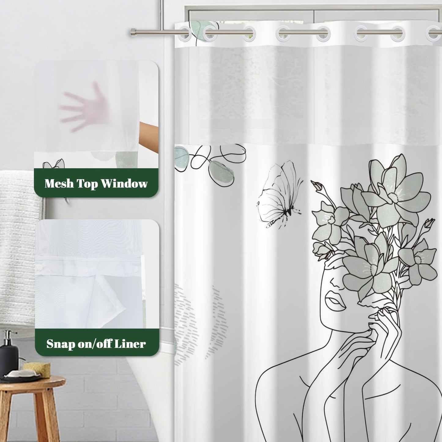 Xiazhilaio Minimalist Artistic No Hook Shower Curtain with Snap in Liner