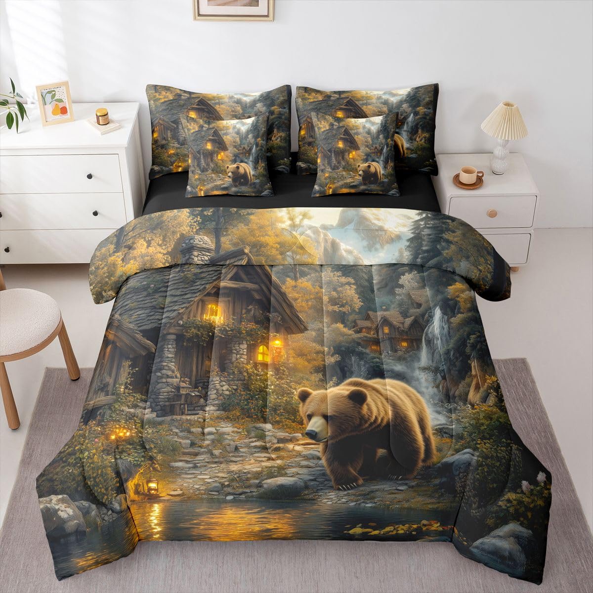 Erosebridal Cabin 7 Piece Bedding Set Queen Bear Comforter Set with Sheets Waterfall Snow Mountain River Woods Bed in a Bag Natural Theme Woodland Trees for Teens Men Women