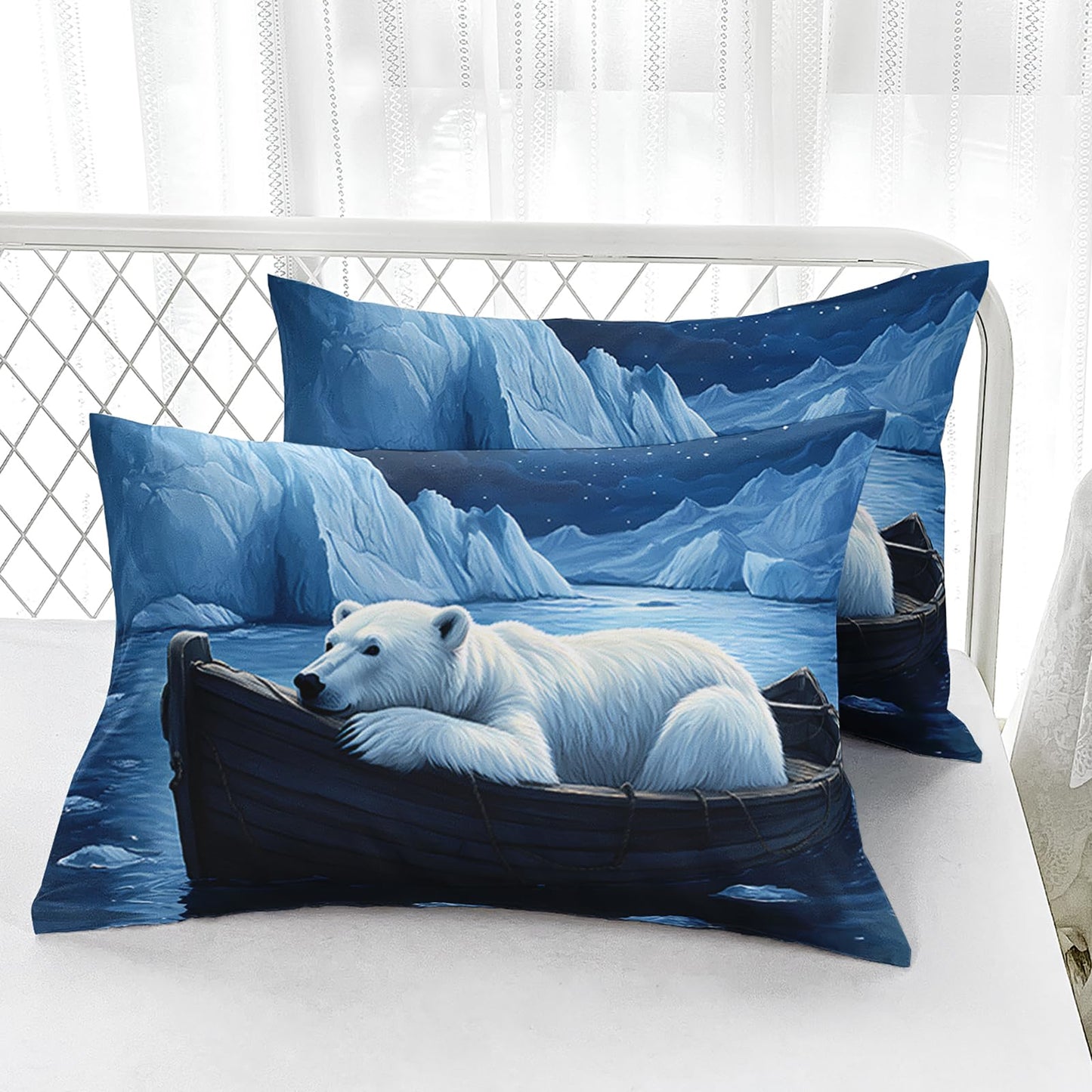 AILONEN Cartoon Polar Bear Fitted Sheet Set Twin XL Size,Starry Night Arctic Animal Bed Sheet Set for Kids Teens,Iceberg Polar Bear Fitted Sheet with 2 Pillowcases,3Pcs