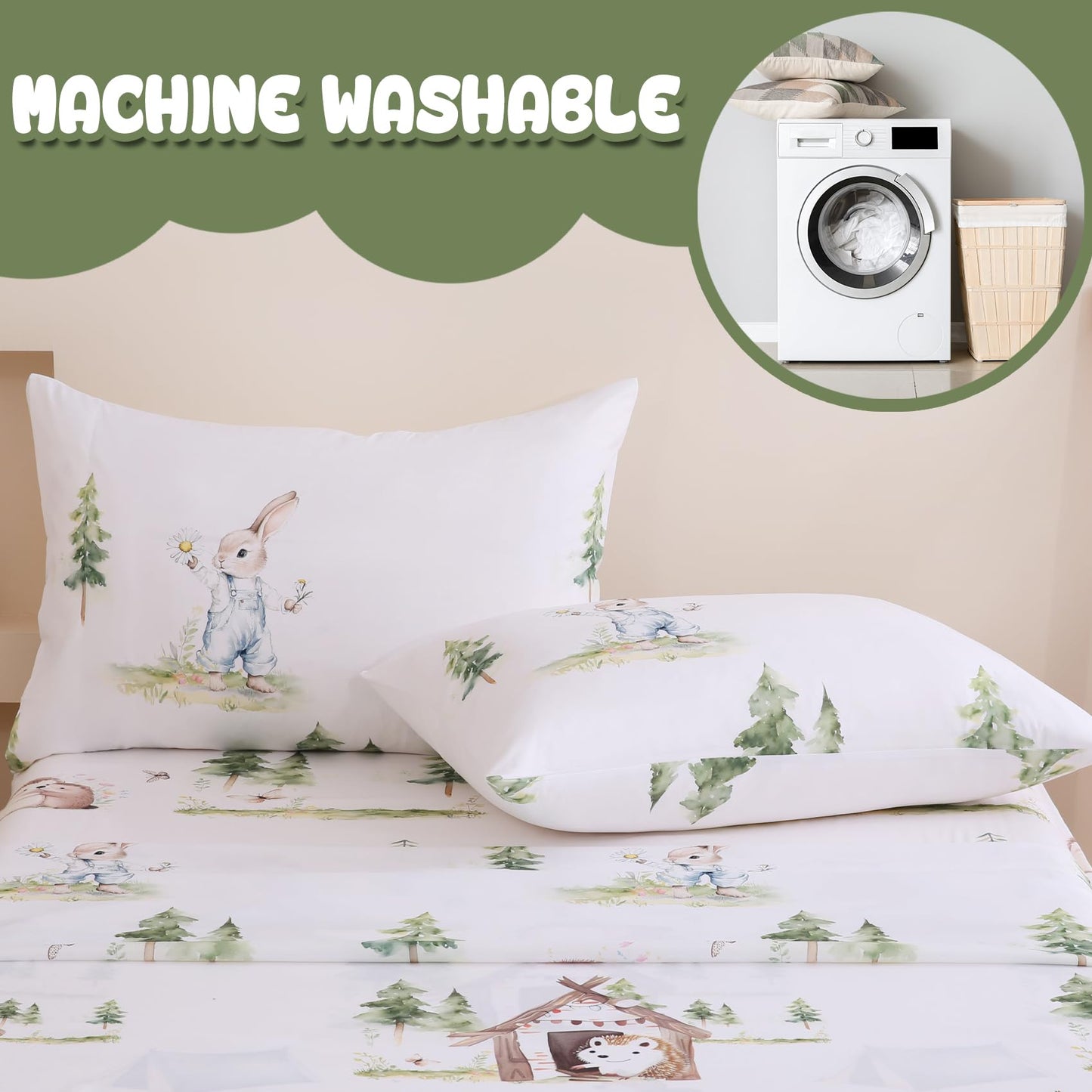 Yibeizi Camper Themed Sheet Set Twin, Kids Woodland Animals Print Bedsheets Microfiber Deep Pocket Cute Patterned Bed Sheet & Pillowcase Sets 3 Pieces