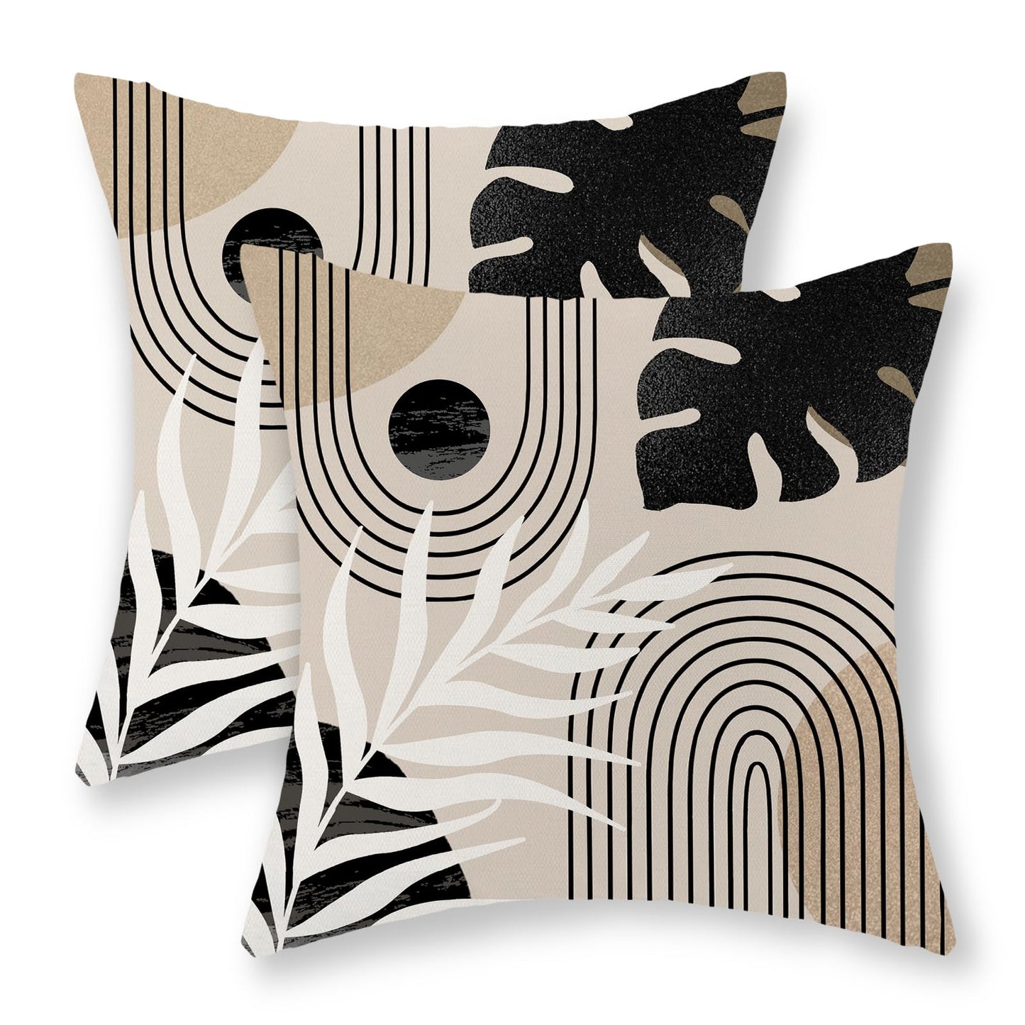 JEFERSO Boho Pillow Covers 18x18 Set of 2 Mid Century Black Beige Tropical Leaf Throw Pillow Covers Outdoor Decor Modern Abstract Decorative Pillow Cases Farmhouse Linen Cushion Case for Couch Sofa