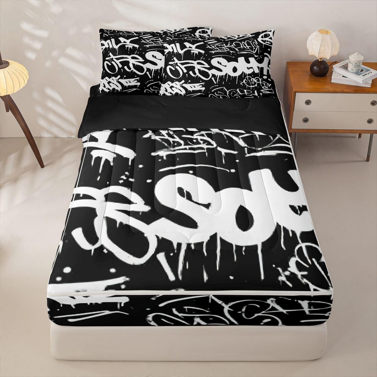 Erosebridal Black and White Graffiti Zipper Comforter | Minimalists Abstarct Twin Bedding for Kids Teens Adults Aesthetic Zipper Bed Set with Sheets Boho Modern Art Bed in a Bag Bedroom Decor
