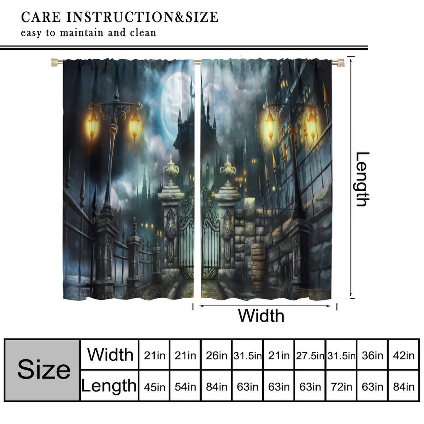 HZOHNAGO Castle Curtain Halloween Gothic Pattern Print Decor Rod Pocket Window Drapes for Bedroom Living Room 42x45in