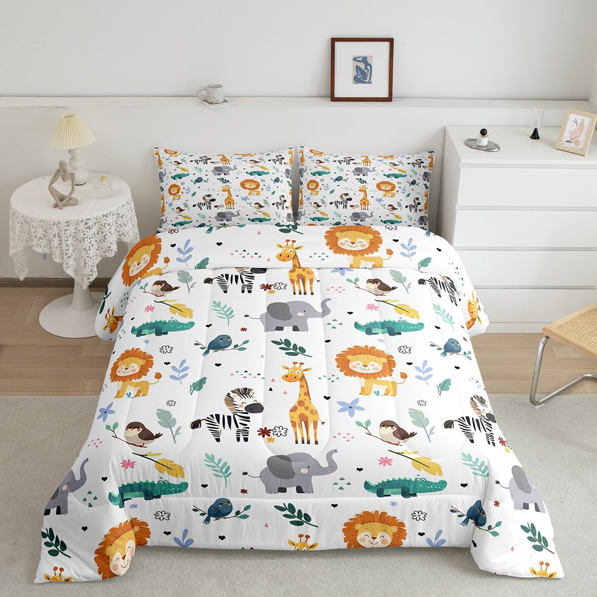 Erosebridal Full Size Zoo Animal Comforter Set, Giraffe Lion Elephant Bedding Set, Cute Wild Animals Down Comforter for Kids Teens Boys Girls Bedroom, Cartoon Safari Wildlife Quilt,Lightweight