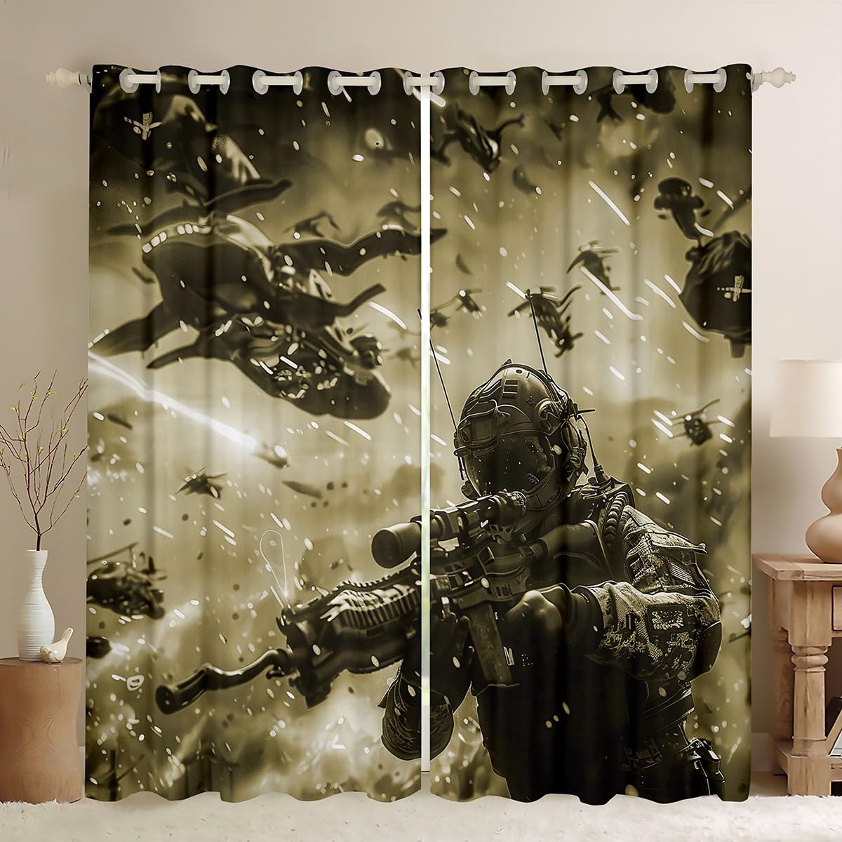 Feelyou American Soldier Curtain Boys Teens Under Mission Window Drapes Helicopter Window Curtains for Bedroom Living Room Decor Girls Kids Camouflage Military Window Treatments， 42x90 Inches，2 Panels