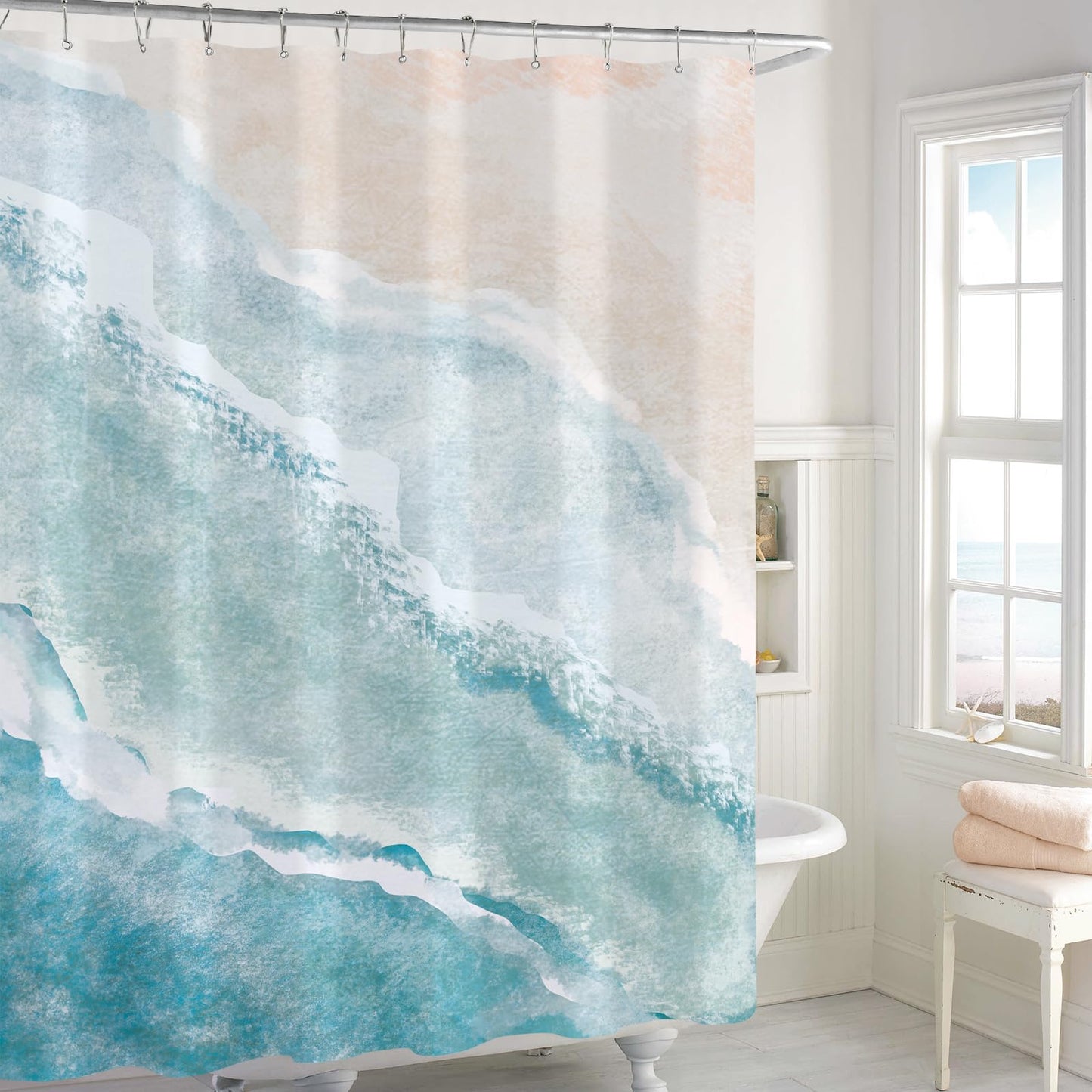 BayNook Beach Ocean Themed Shower Curtain, Teal Blue Coastal Fabric Shower Curtains for Bathroom Decor, Summer Tropical Nautical Shower Curtain Set with Hooks 72x72