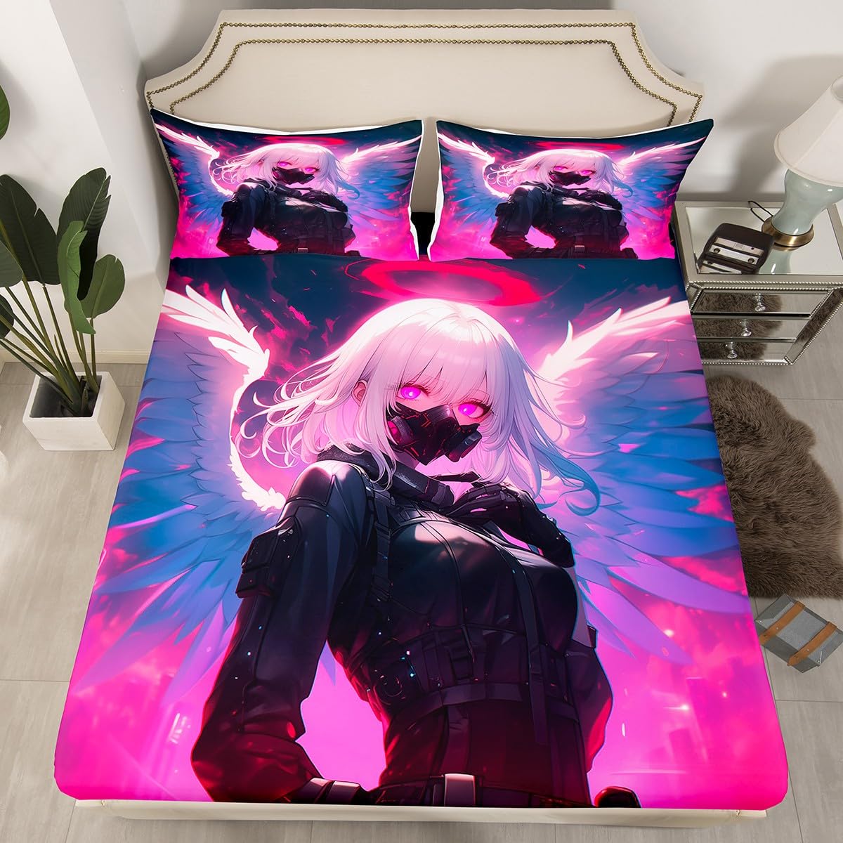 Erosebridal Full Japanese Anime Bedding Set Anime Girl Fitted Sheet for Kids Girls Teens Men Bedroom, Cartoon Girl Bed Sheets Kawaii Japanese Animation Sheets 3 Piece with 2 Pillow Cases