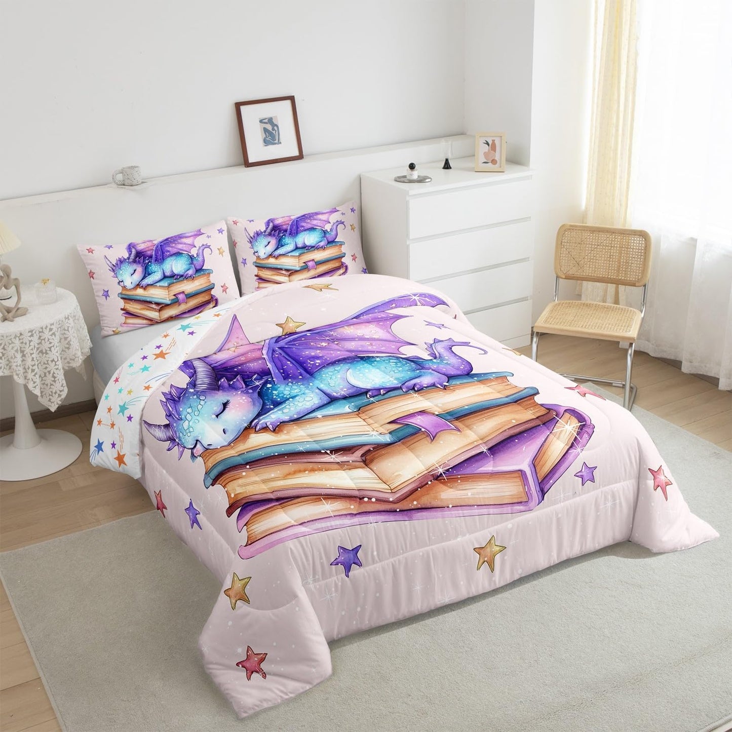 Castle Fairy Blue Purple Dragon Comforter Toddler,Dreamy Cartoon Starry Sky Quilt Comforter with 1 Pillowcase,3D Dragon Wildlife Glittering Stars Pattern Bedding Set Comfortable,Soft and Breathable
