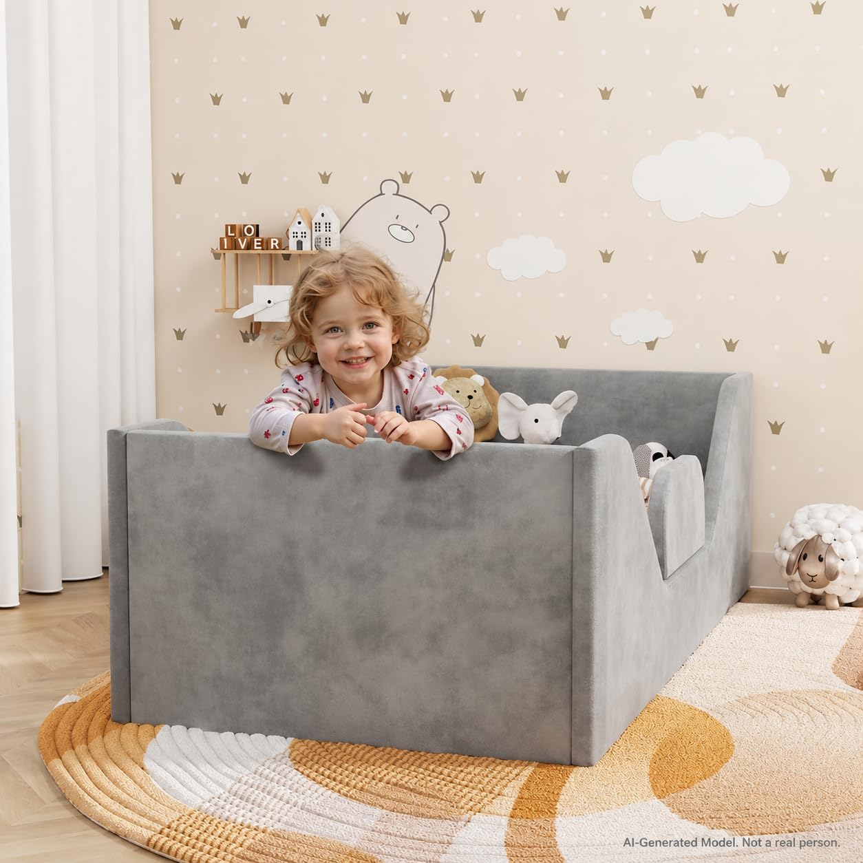 SOFTLYNICE Toddler Bed, Toddler Floor Bed Frame with Guard Rails, Small Bed for Kids Boys and Girls Aged 2-6 Years, Standard Crib Mattress Toddler Beds, Certified Fabric Toddler Beds(Big Gray)